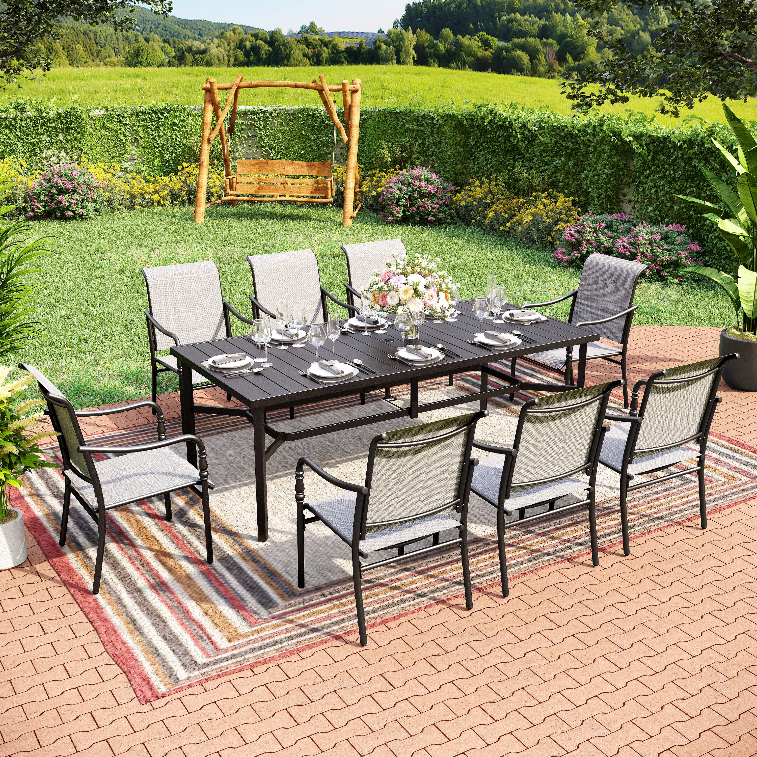 Sunshine Valley TC9-162-453 Outdoor Table and Chairs 9 -Piece Black Patio Dining Set Steel Rectangle Table with 8 Gray Stationary Chairs
