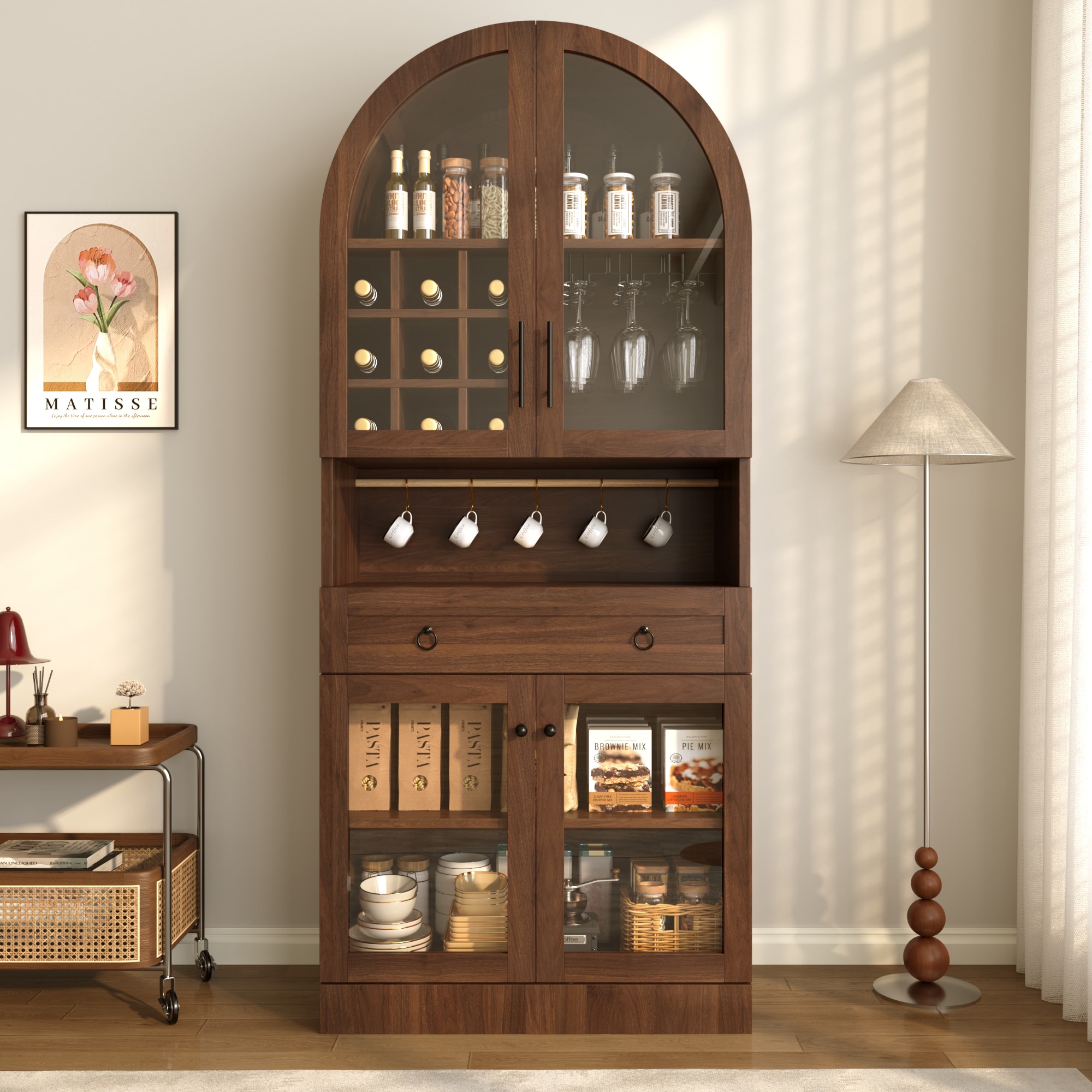 ModernLuxe Assembly Required 70 inch Tall Arched Bar Cabinet  MidCentury Coffee Bar Cabinet with an Adjustable Shelf  5 Hooks 9 Wine Racks 3 Glass HolderTempered Glass Doors Wine Liquor Cabinet with a Large Drawer Walnut