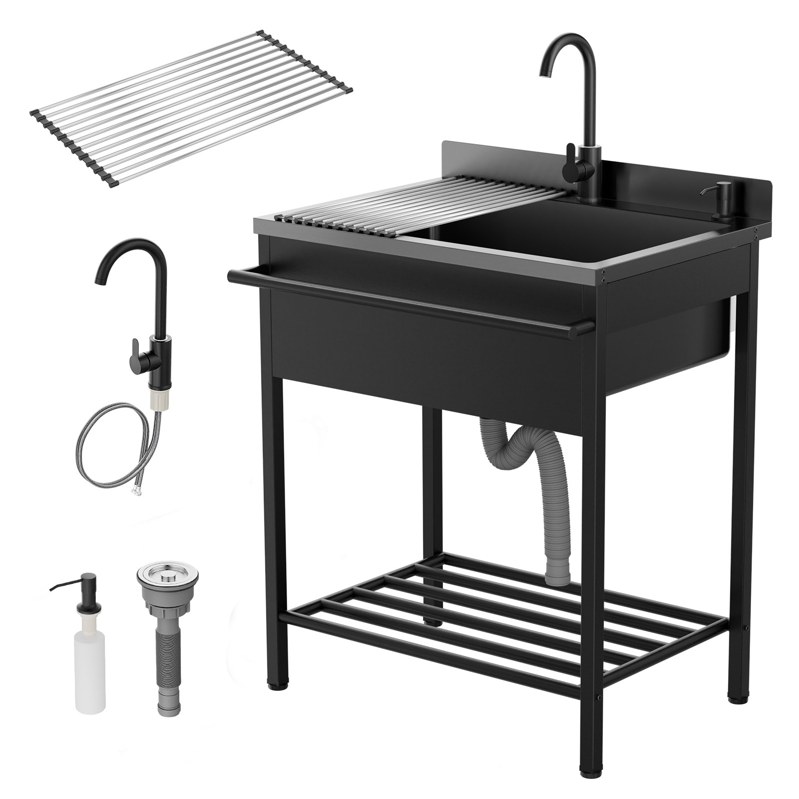 ROVSUN 22D x 30.7W x 40.3H Stainless Steel Black Utility Sink with Faucet and Draining Rack for Laundry Room/Kitchen/Restaurant/Garage/Outdoor Garden Silver and Black