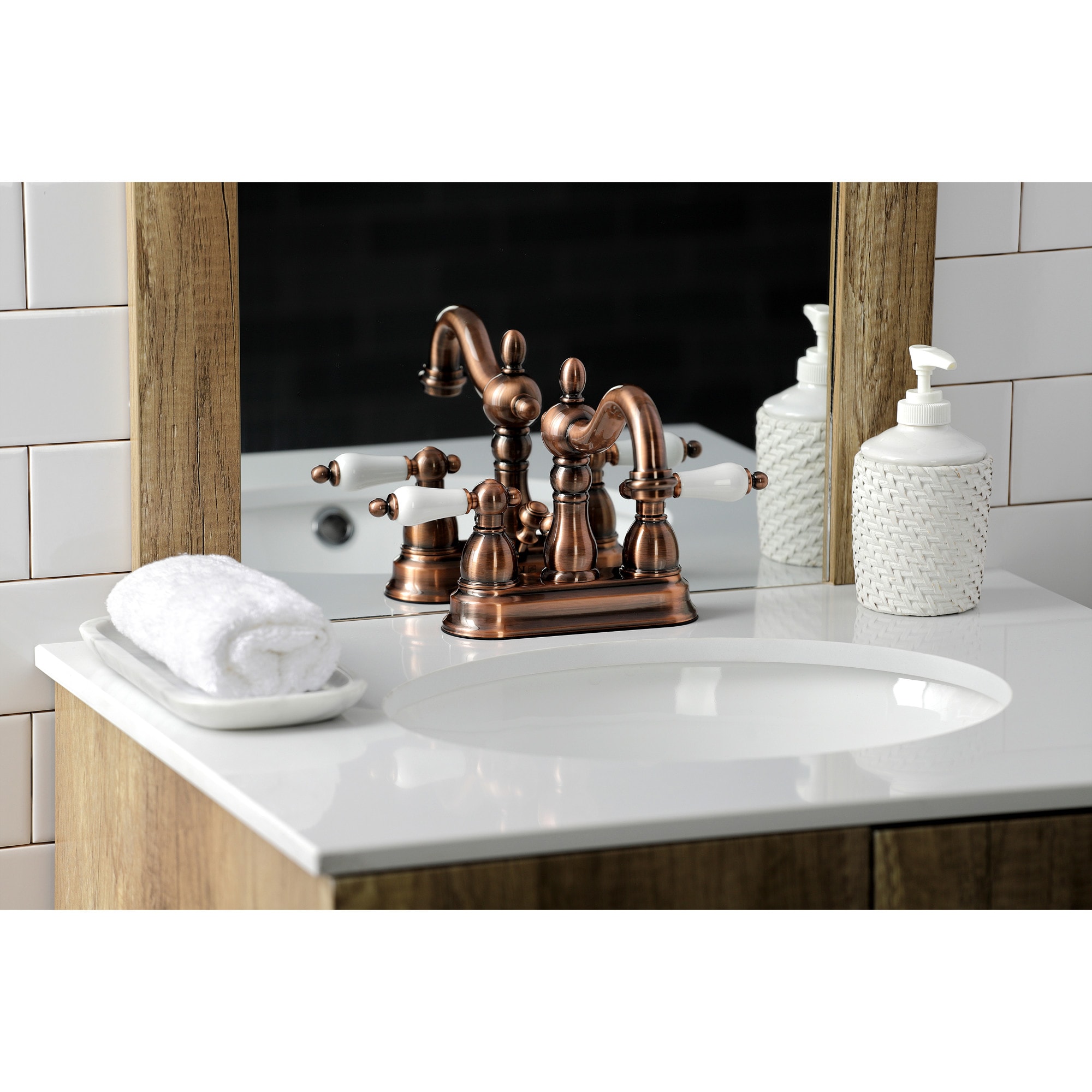 Kingston Brass WLKB160PLAC Heritage Antique copper 4-in centerset 2-handle Low-arc Residential Handle Bathroom Sink Faucet with Drain