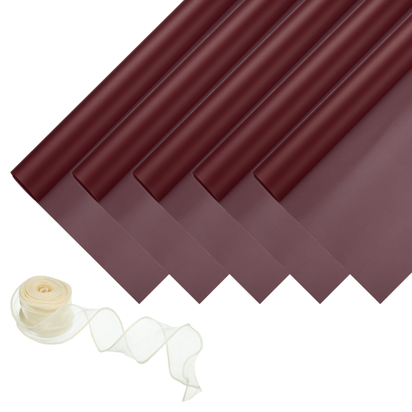 PATIKIL 20 Sheets Flower Wrapping Paper 22x22 Inch Korean Style Floral Bouquet Craft Packaging Waterproof Paper with Ribbon for Flowers Gift Packaging Burgundy Red