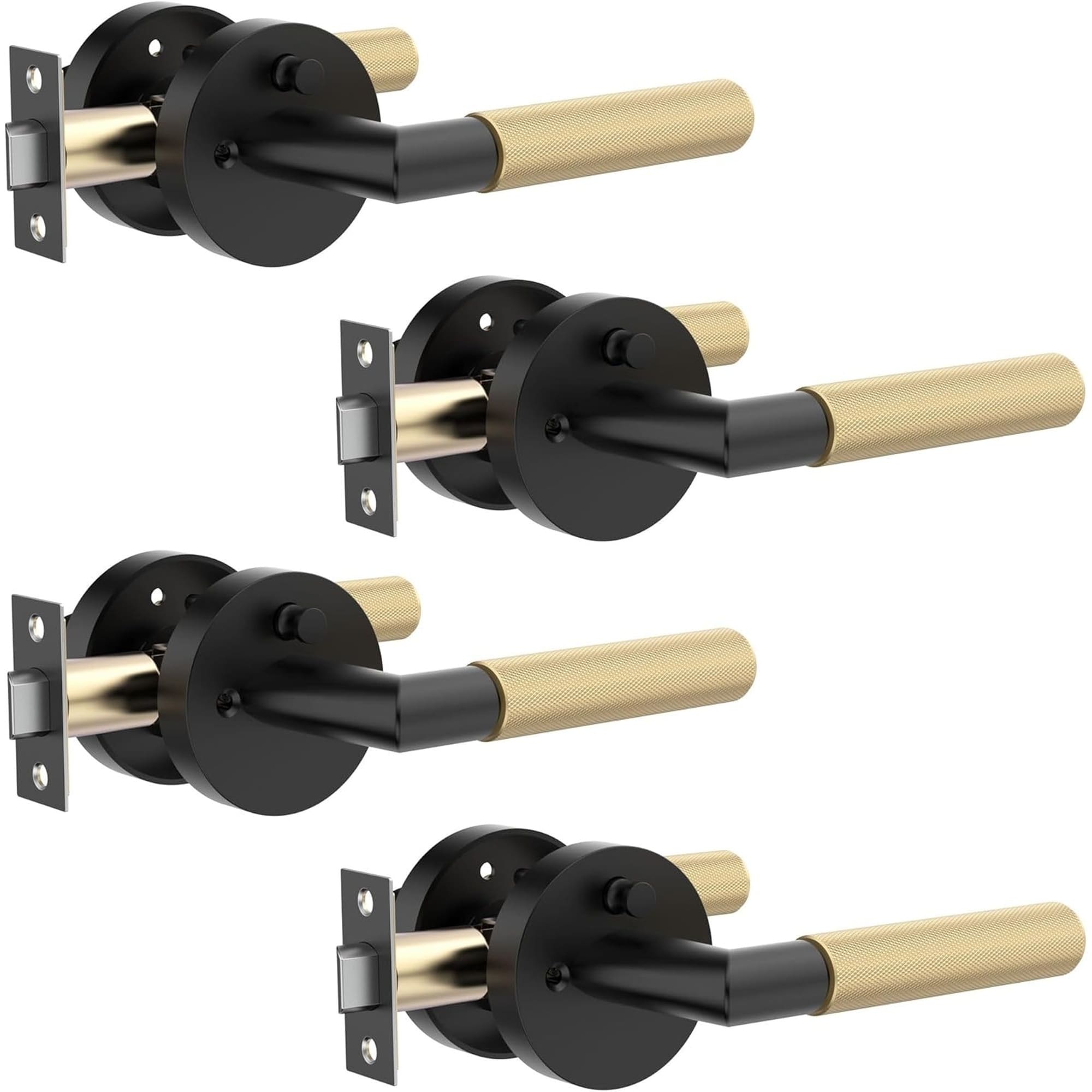 Angel Sar 4 Pcs Matte Black and Gold Door Handles Keyless Privacy for Bedroom Bathroom Anti Slip Knurled Grip for Left Right Doors