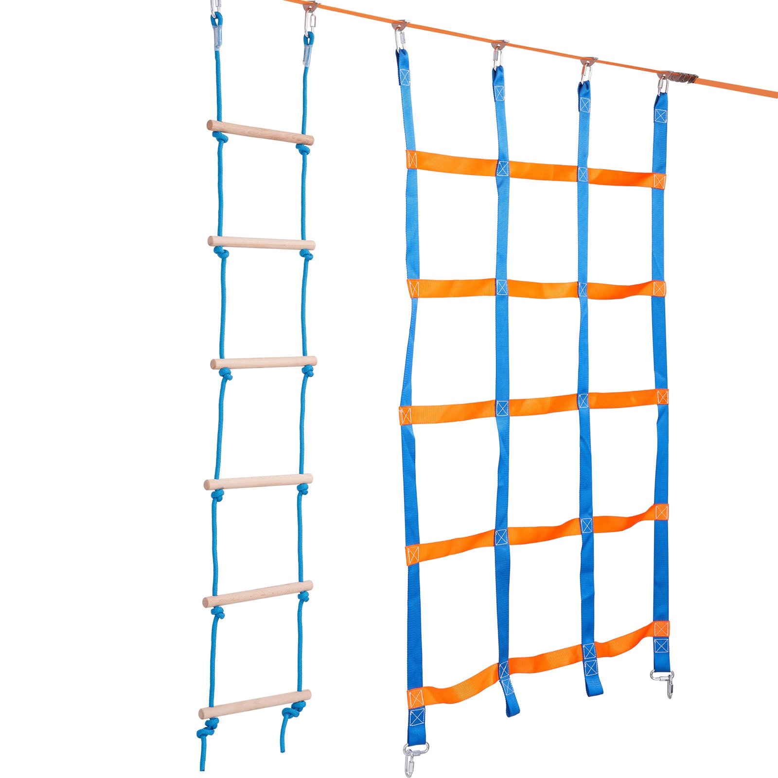 GIVIMO Orange 2 x 65-ft Ninja Warrior Obstacle Course Slackline Set for Kids Ages 4 and Up with 500-lb Capacity Climbing Net Climbing Ladder 2 Gymnastic Rings 2 Monkey Bars 2 Monkey Fists Swing 4 Tree Protectors and Storage Bag