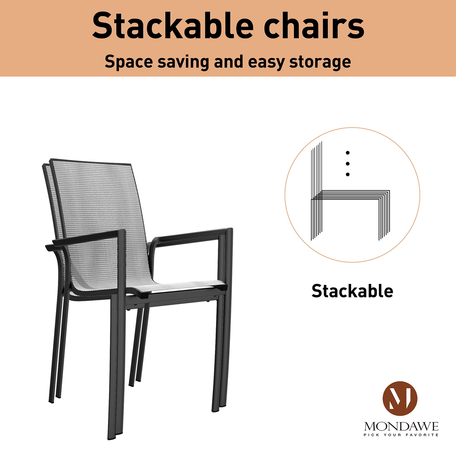 Black Metal Mesh Stackable Outdoor Dining Chairs, Set of 2