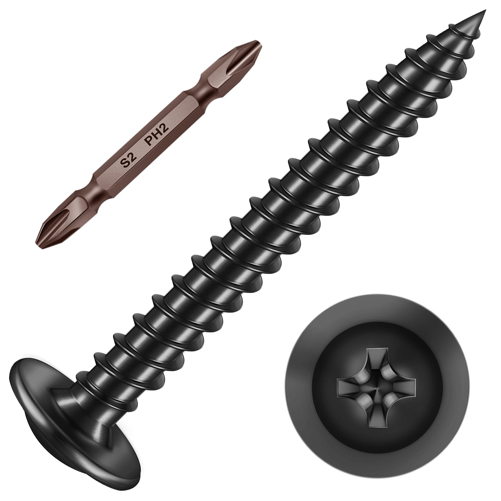 Phewnyzo  200 pcs Number 8 Phillips Truss Head Wood Screws One and One Half Inch Black Zinc Plated Steel Self Tapping for Cabinets Furniture DIY