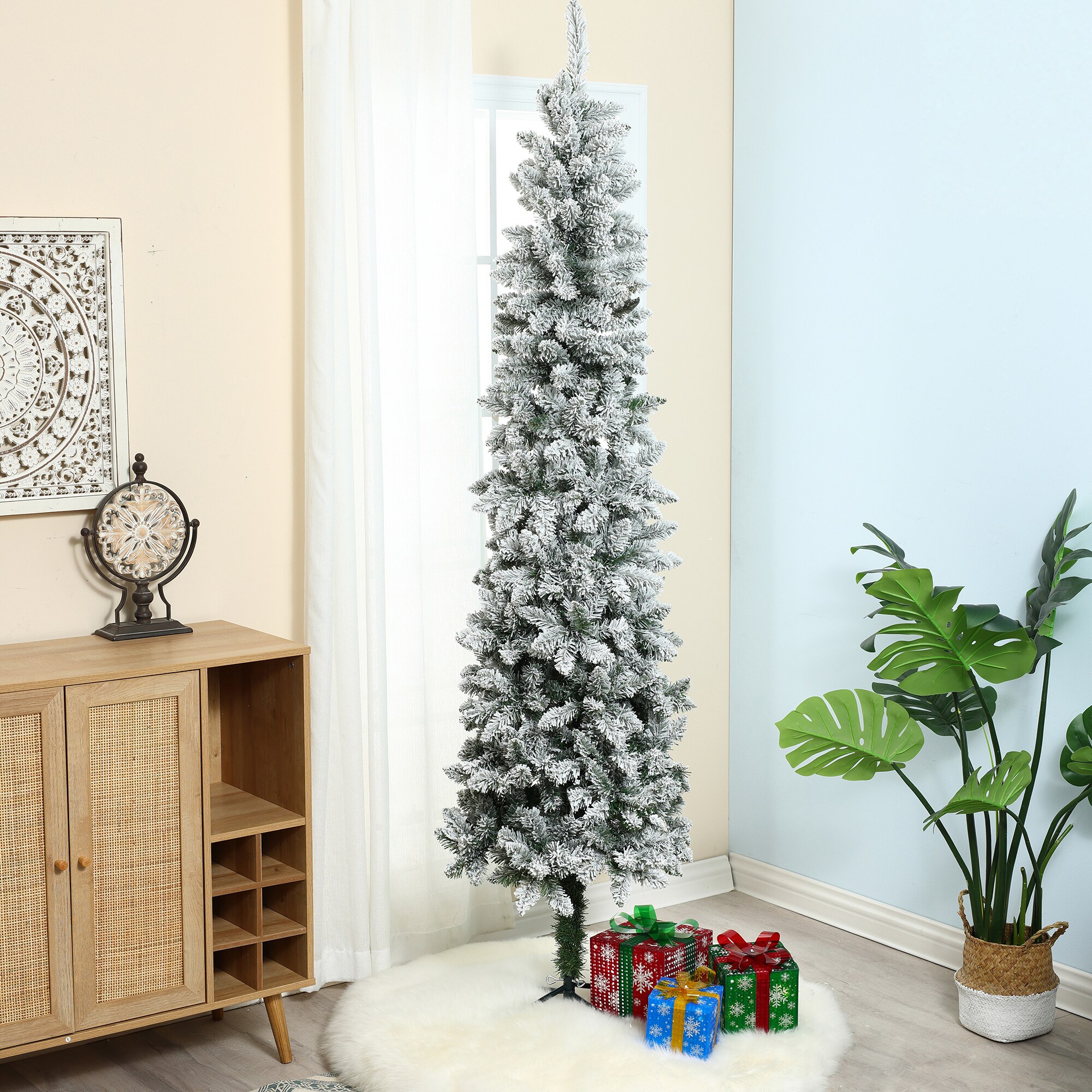 7.4ft Slim Flocked Green PVC Christmas Tree with Metal Stand
