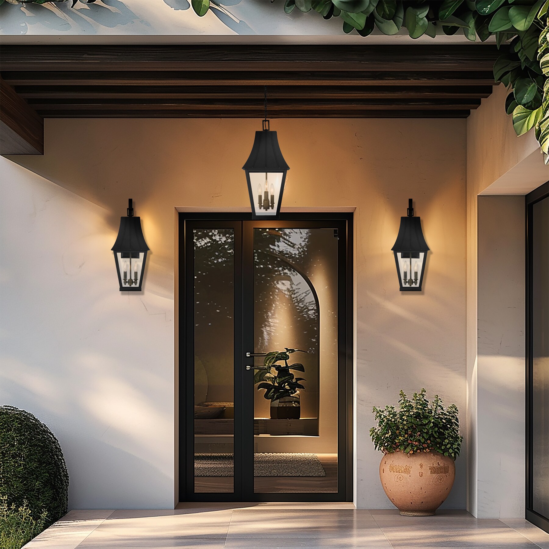 Chateau Grande Black and Gold 2-Light Outdoor Wall Sconce with Glass Shade