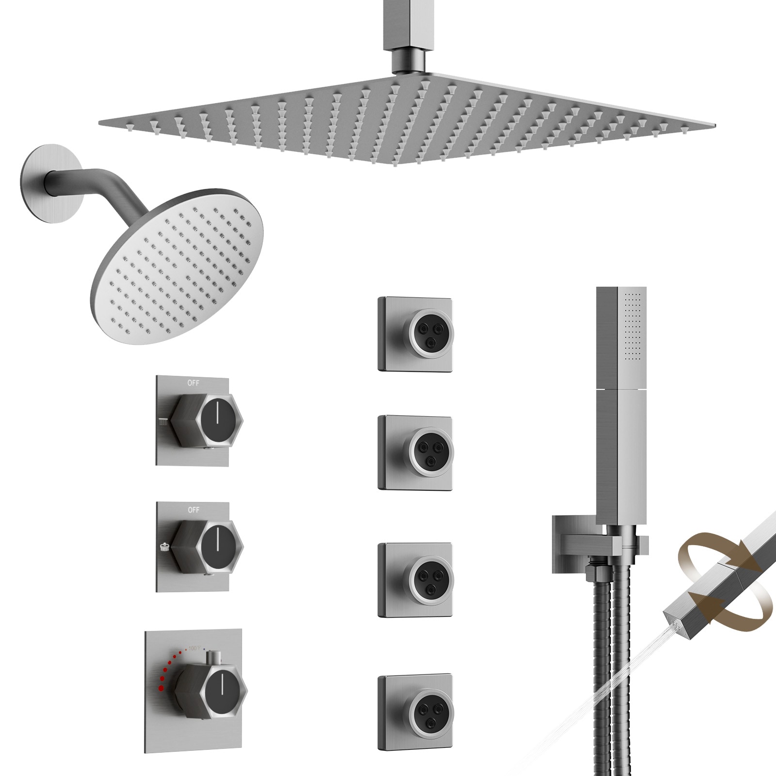YAWWALK - 8 Spray Dual Rain Shower 12 in and 6 in Ceiling Mounted with Handheld 3 Body Jets Therm...