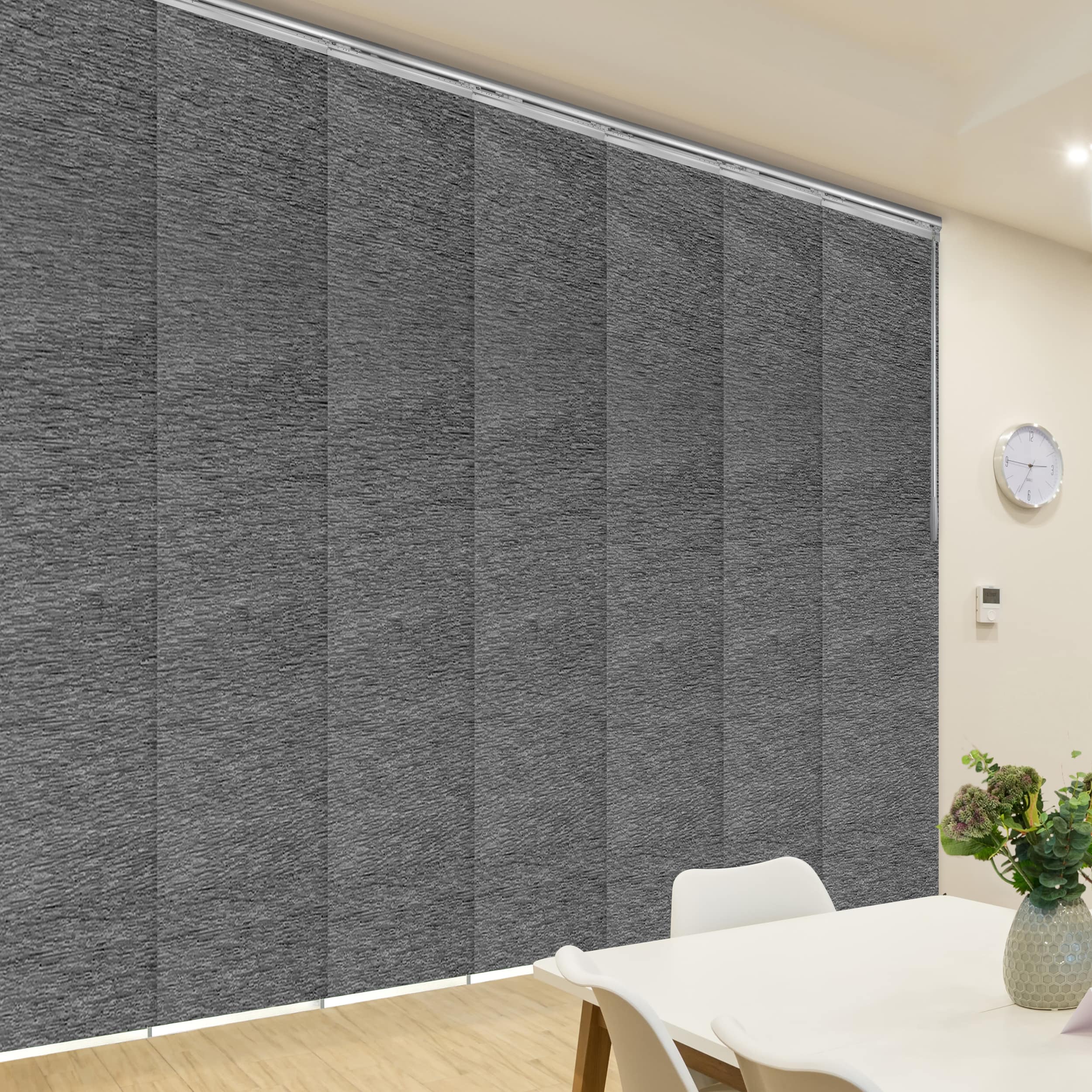 Hart & Harlow L-T24-7-7P22A Aegean 7-panel 0.3-in Slat Width 23.5-in x 94-in Cordless Satin Nickel Aluminum Light filtering Vertical blinds