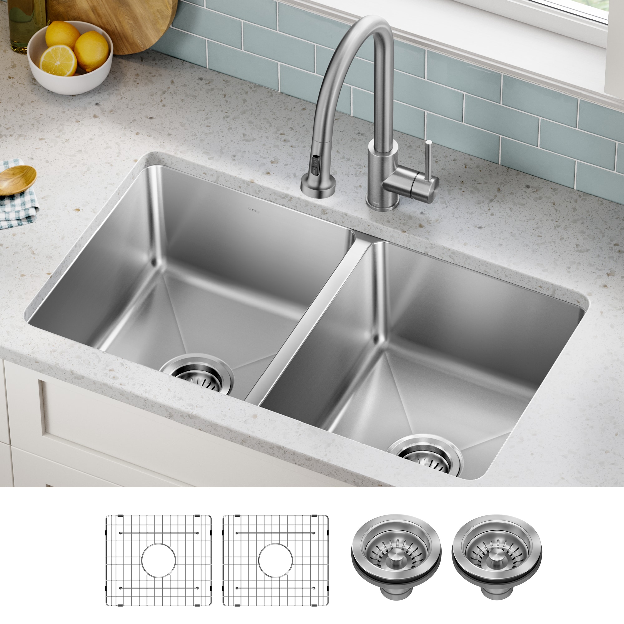 Kraus KHU632-33 Fairlane Undermount 32.5-in x 19-in Stainless steel Double equal bowl 18 -Gauge Kitchen Sink