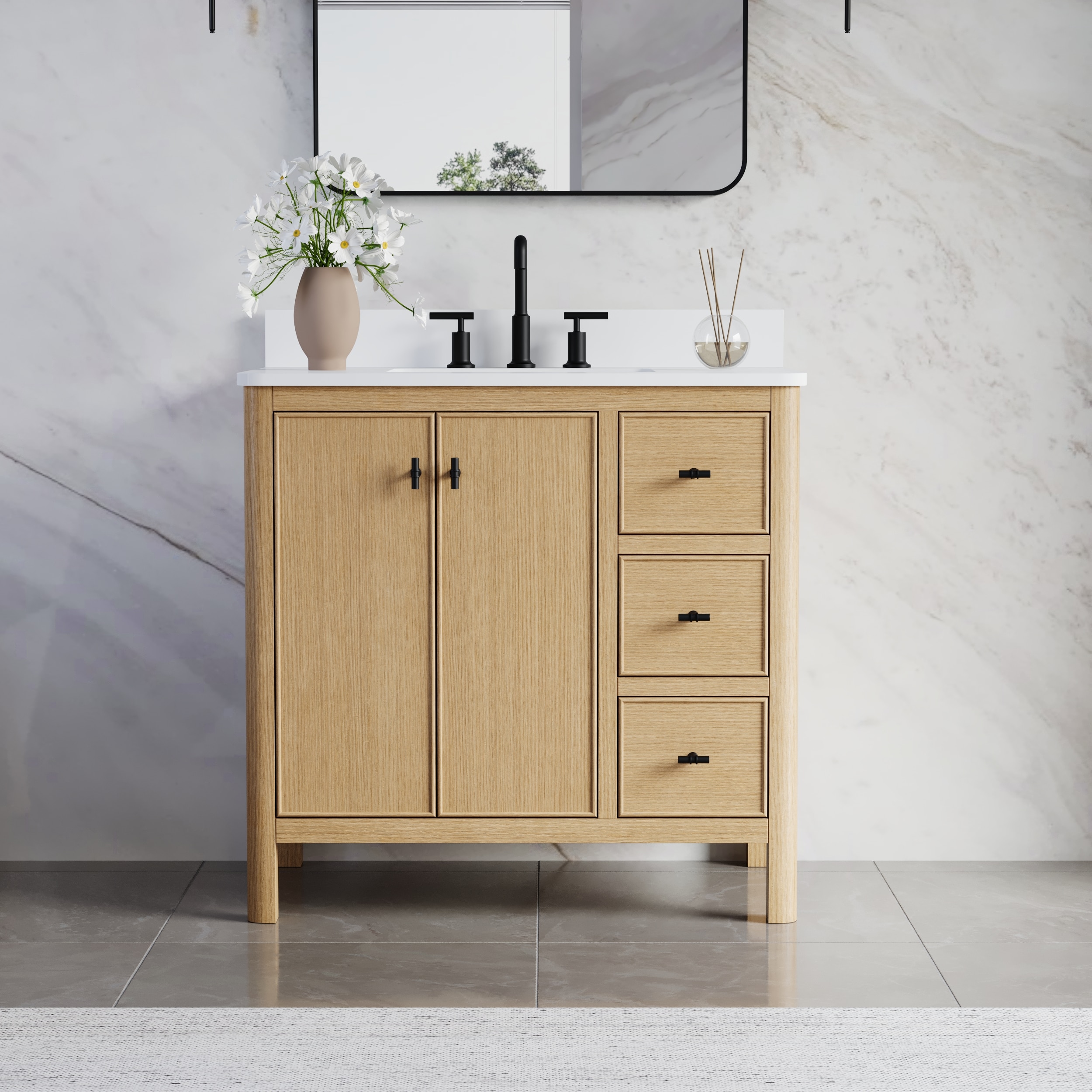 ANGELES HOME  Solid Wood 36-in Light Oak Undermount Single Sink Bathroom Vanity With Quartz Countertop And Matte Black Handles  (Fully Assembled)