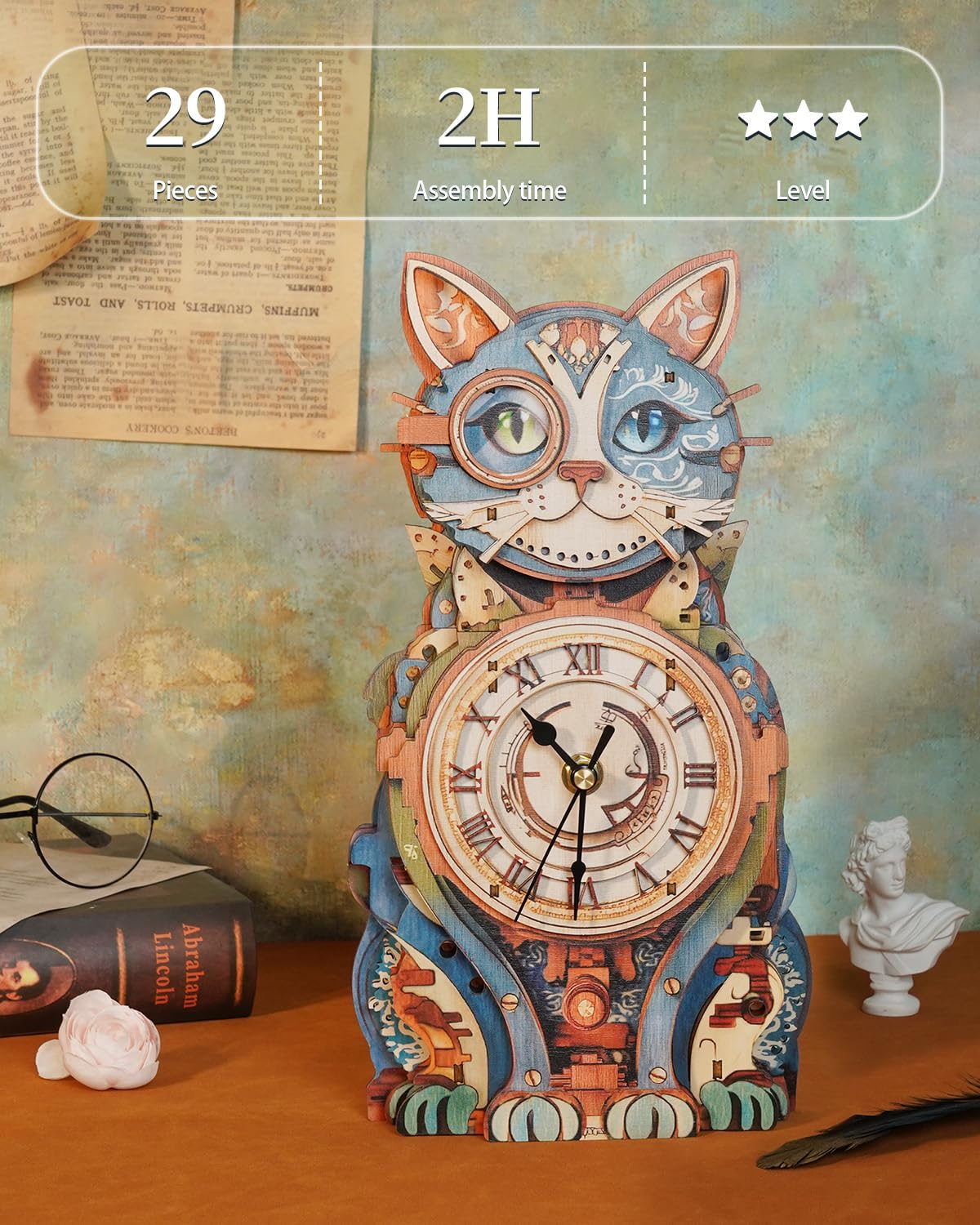 Etokfoks 3D Wooden Puzzle Detective Cat Clock Kit for Adults 1 Set