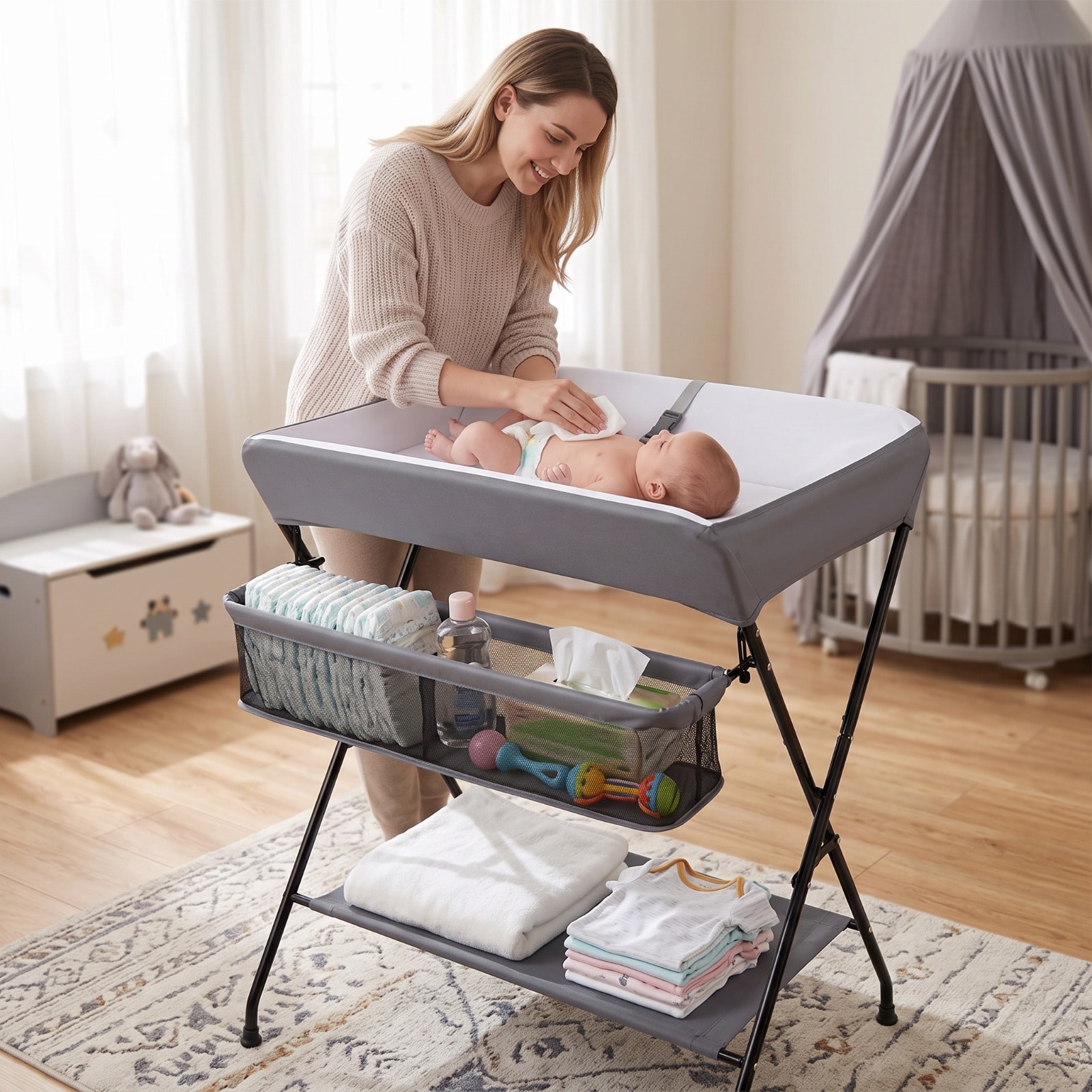 SUGIFT Portable Baby Changing Table Foldable Diaper Changing Station with Safety Belt and Storage Shelf-Gray