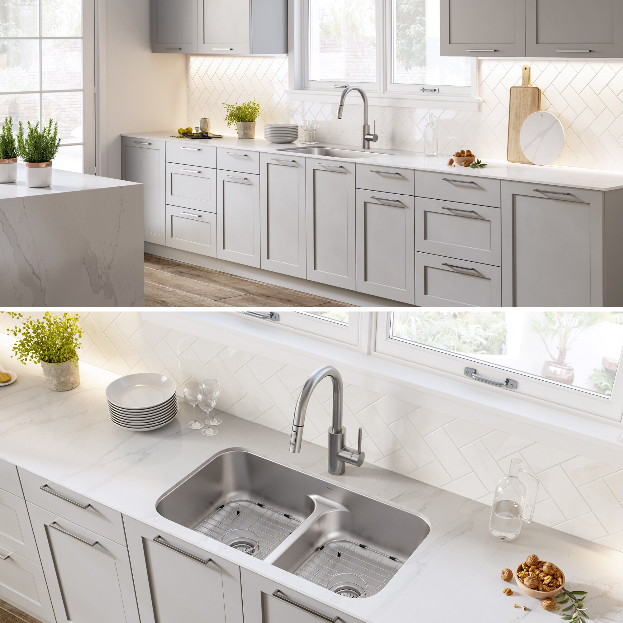 Kraus KBU32 Double Bowl Kitchen Sink with NoiseDefend™, Wear-Resistant  Finish, Low Divider and T304 Stainless Steel