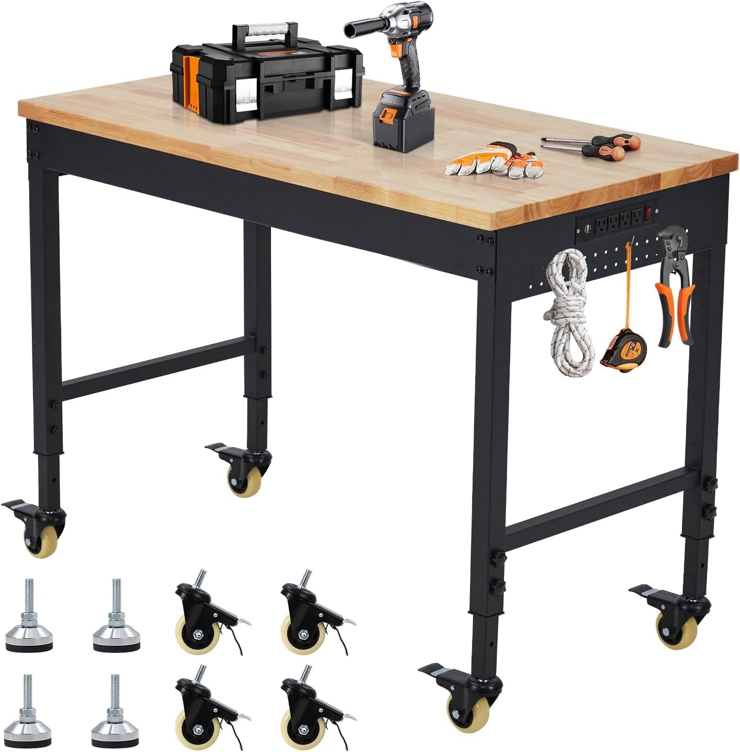 Aoile - Heavy Duty Adjustable Height Workbench 60 by 22 Inch Solid Rubberwood Top Steel Frame Wor...