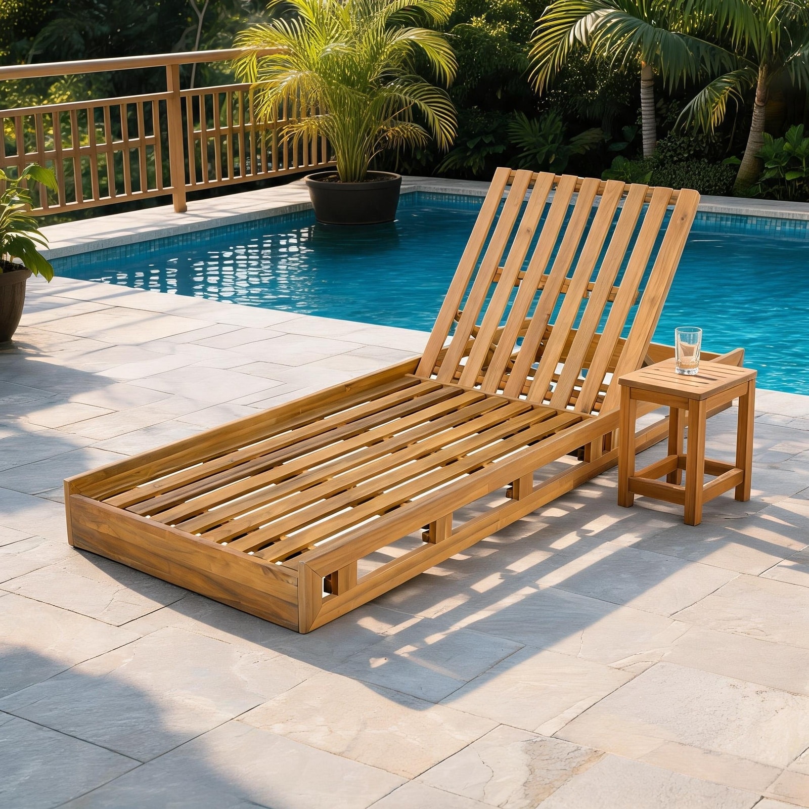 UOI - 79 inch Teak Finish Acacia Wood Adjustable Lounge Chair with 4 Position Reclining Mechanism