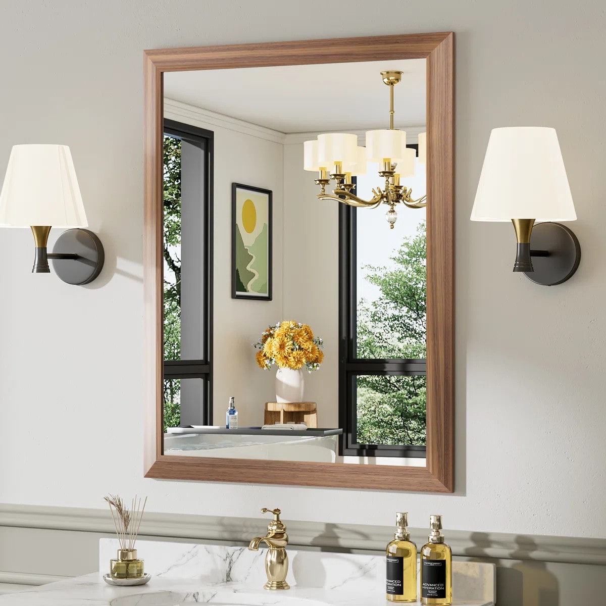 Blisstyle Tempered Glass Horizontally and Vertically 28-in x 36-in Framed Rectangle Bathroom Vanity Mirror ( Brown )