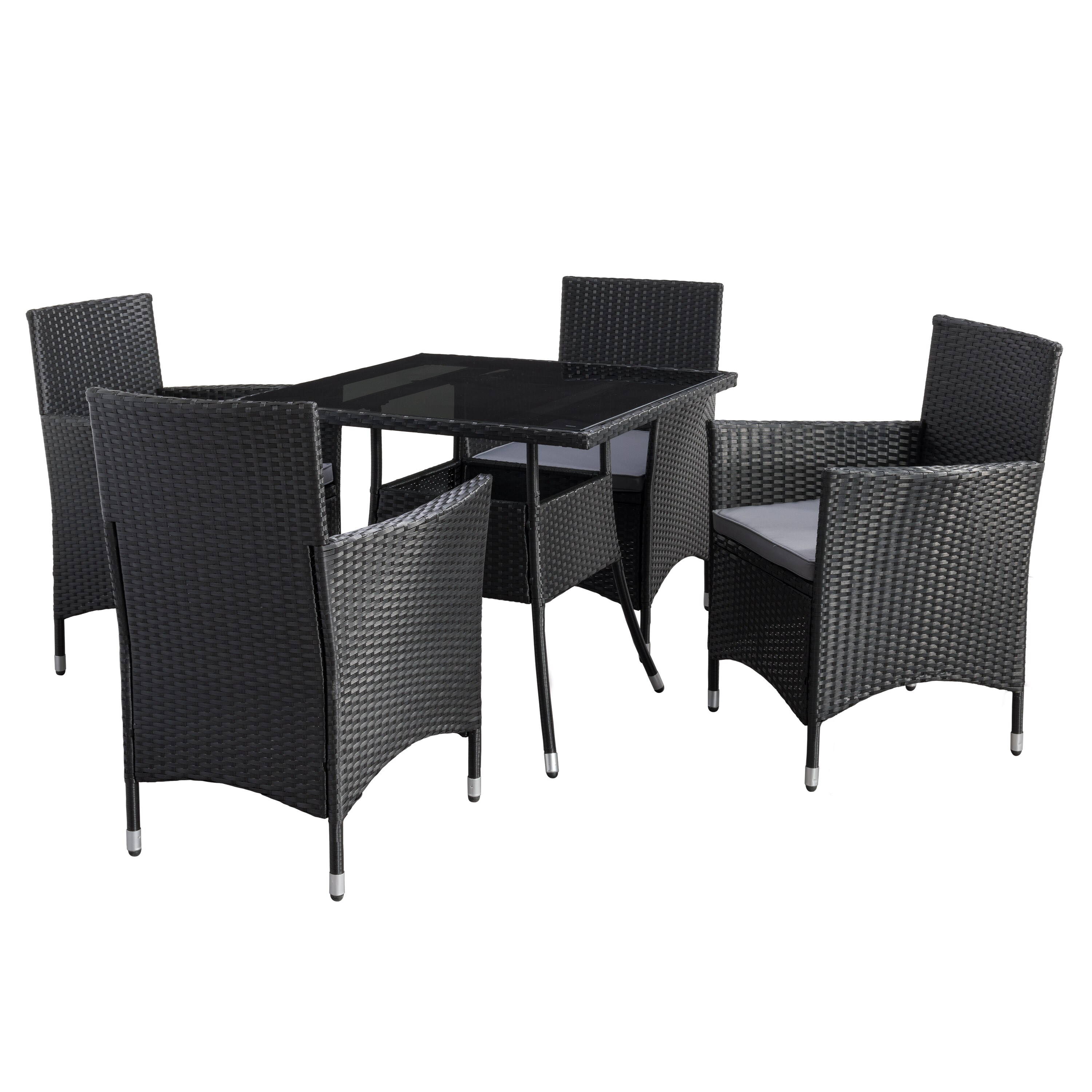 Parksville 5-Piece Black Rattan Patio Dining Set Steel Square Table with 4 Gray Cushions Stationary Chairs | - CorLiving PRK-700-Z2