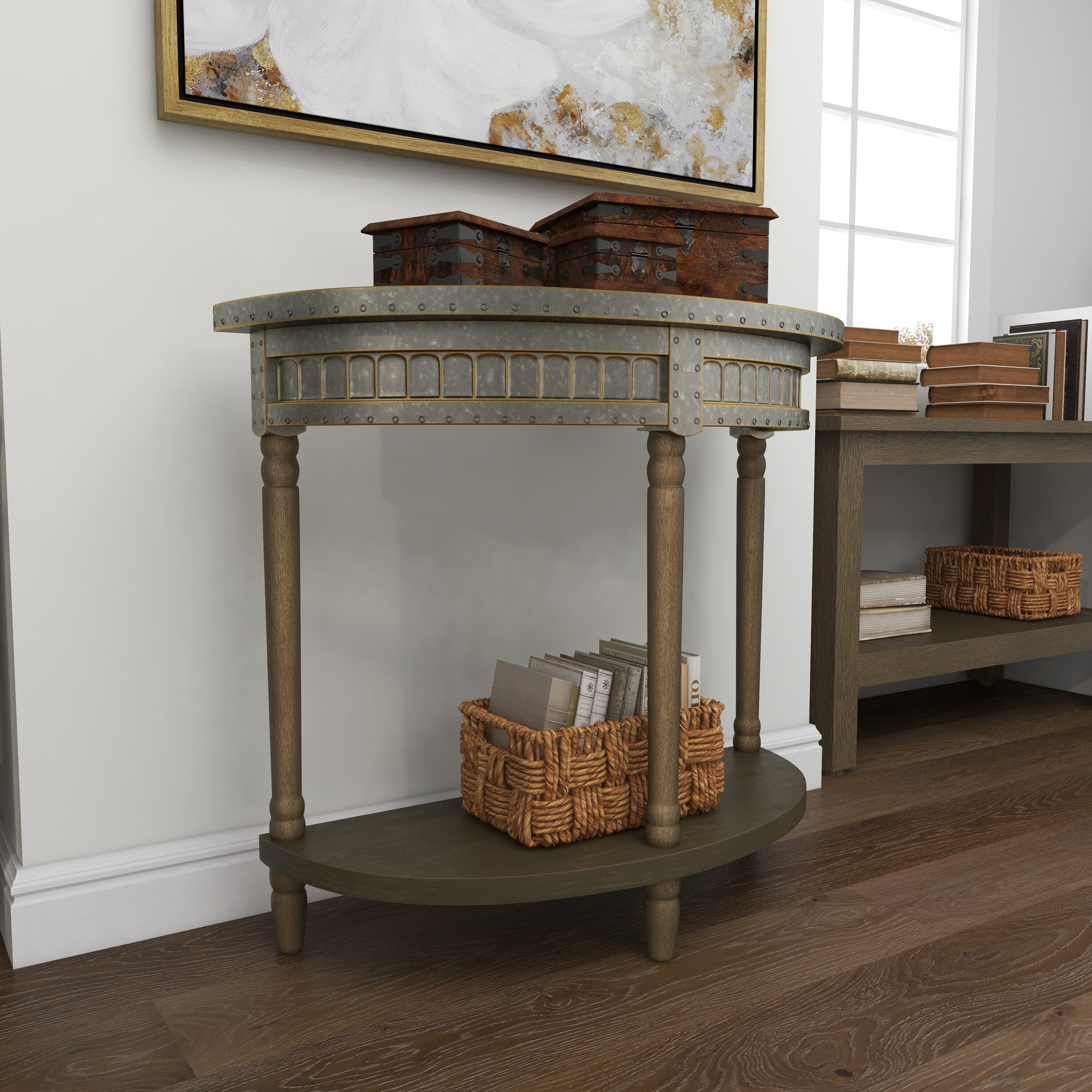 Beige and Gray Metal Wood Half Moon Console Table
