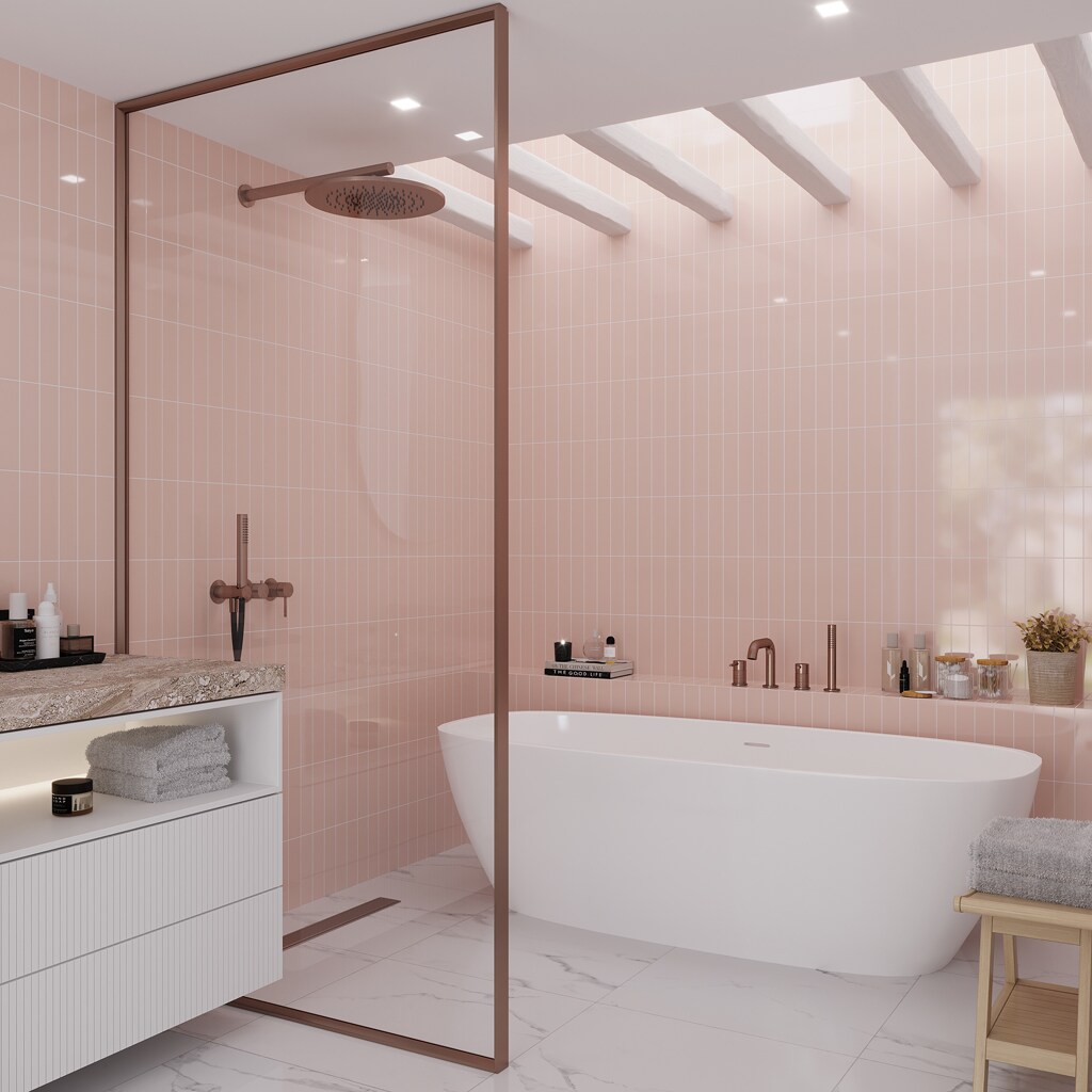 Apollo Tile RID88PNKGLA Arte Pink 2-in x 8-in Glossy Ceramic Brick look Standard Floor and Wall Tile ( 5.38-sq ft Carton )