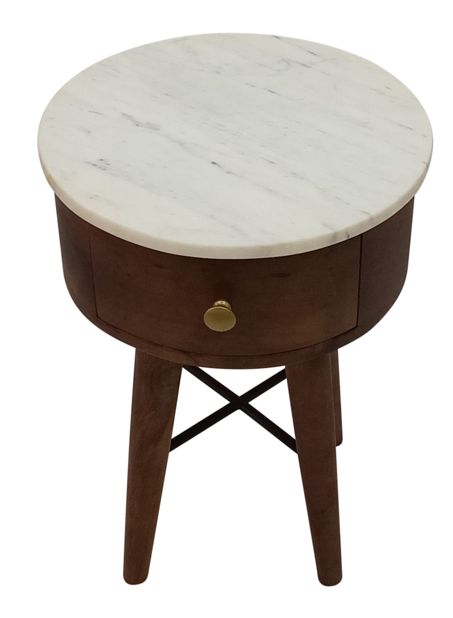 Bangalore 16" Brown Wood and White Marble Round End Table with Storage