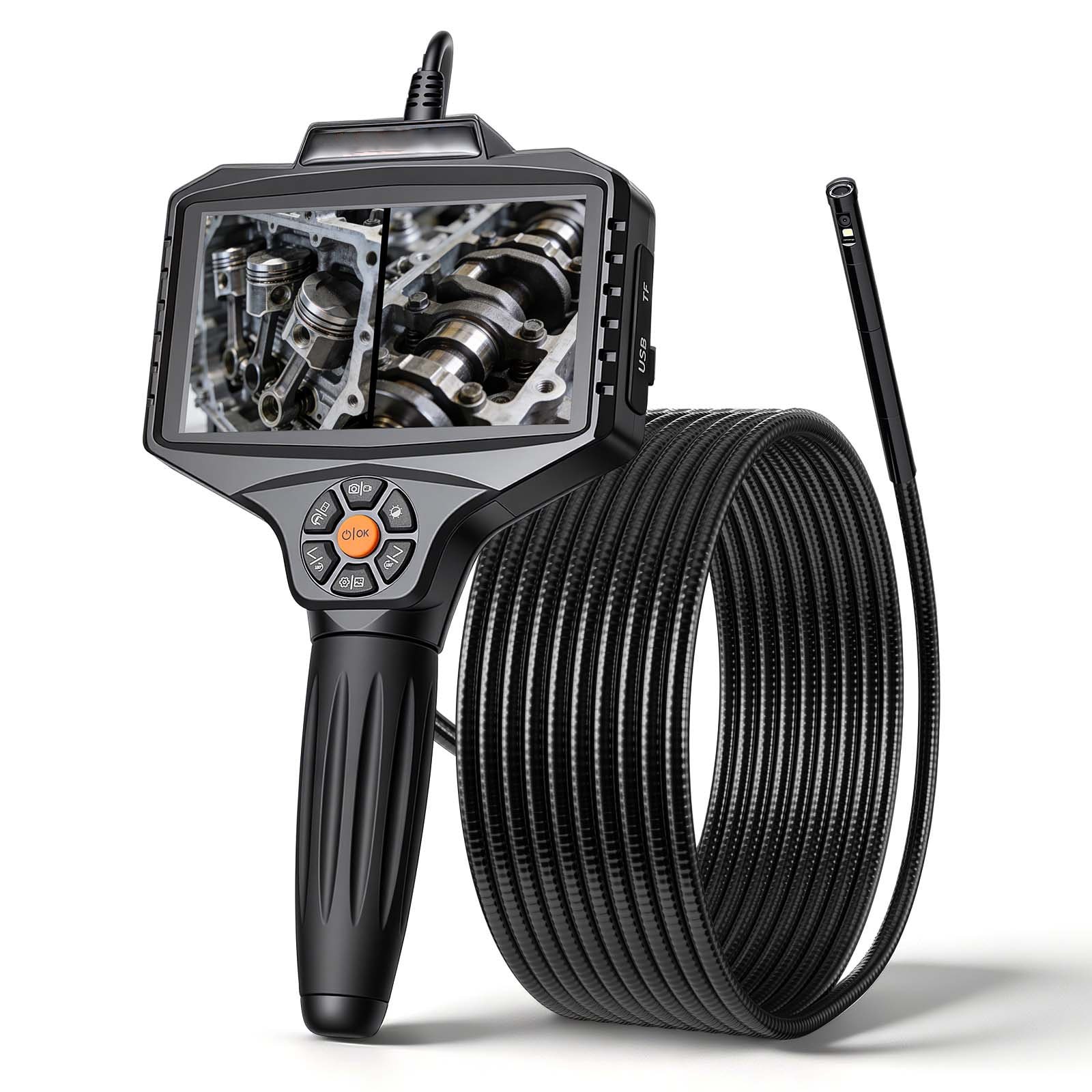 Mecale 360-Degree Rotating Probe Endoscope 5-in HD Split Screen 1080P 16.4-ft Rigid Cable IP67