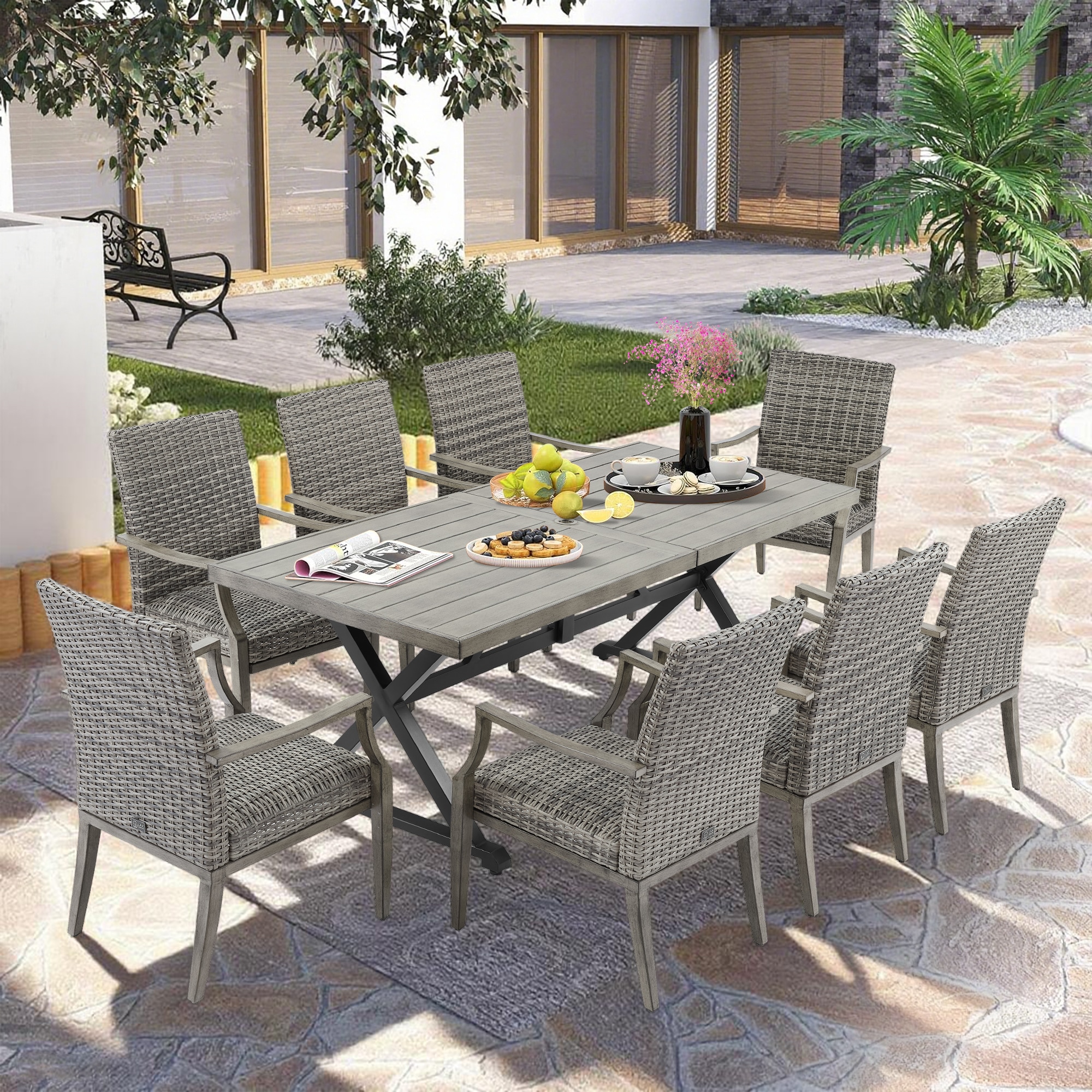 PEAK HOME FURNISHINGS 970423-830041X8 Dining Set 9 -Piece Gray Wicker Patio Dining Set Steel Round Table with 8 Stationary Chairs