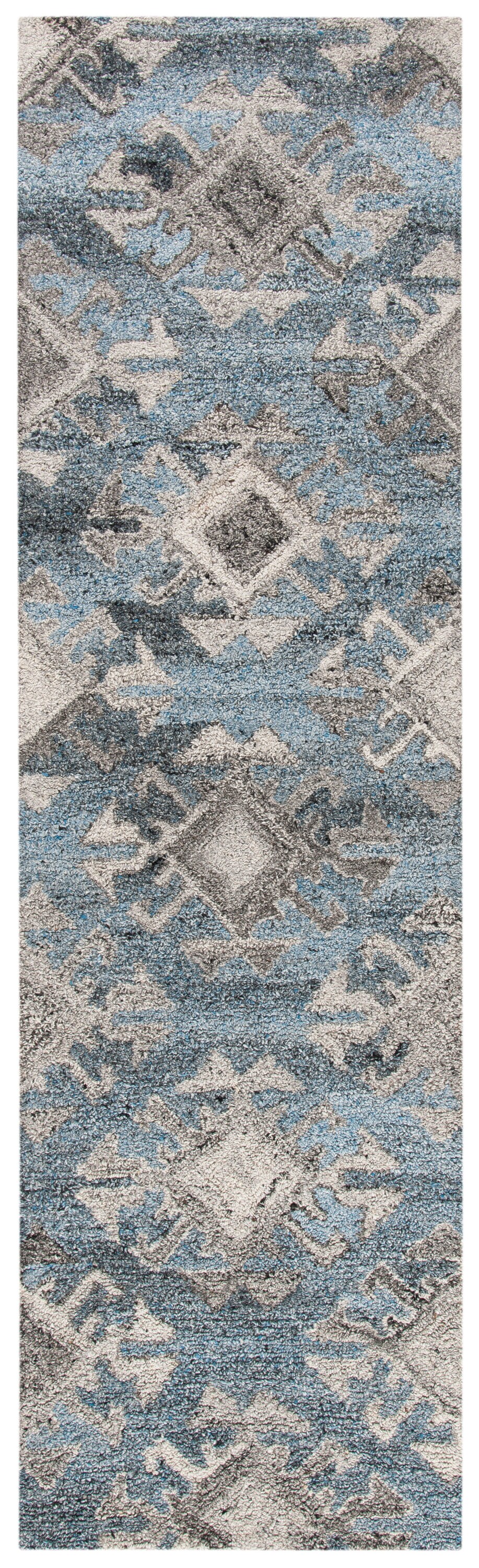 Abstract Blue and Gray Hand Tufted Wool Runner Rug
