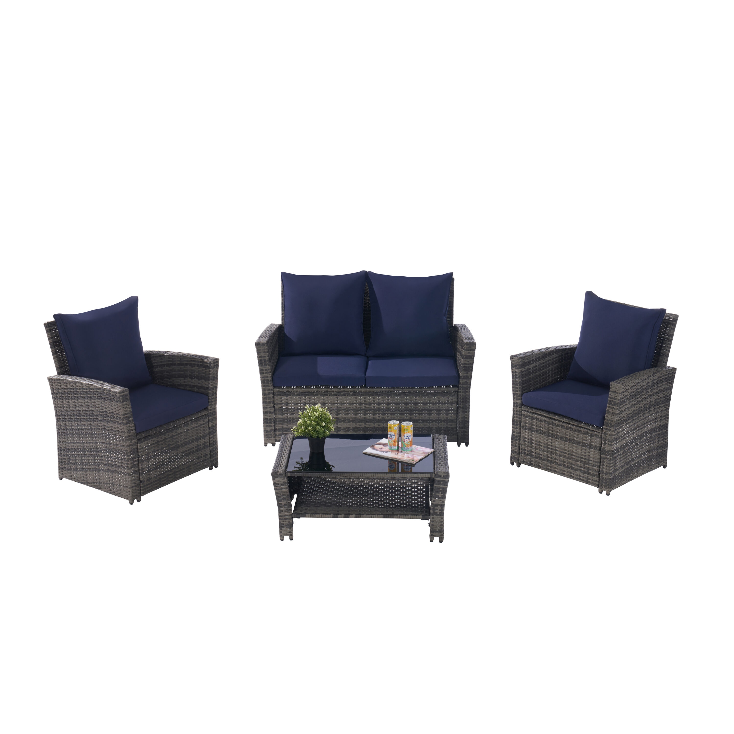 AHIOU HOME ZAAHG-P146983SF Laila 4 -Piece Wicker Patio Conversation Set with Blue Cushions