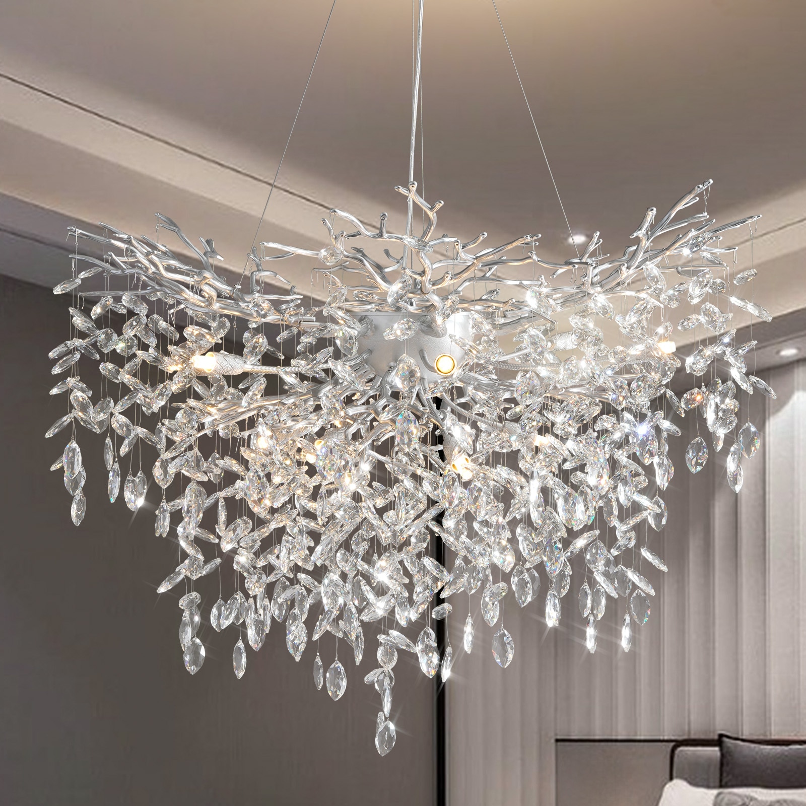 Gleam Flare 40 inches Modern Crystal Chandelier 12 Lights Silver Tree Branch Chandeliers Round K9 Crystal Raindrop Chandelier for Dining Room Living Room Foyer Entryway Kitchen Bedroom