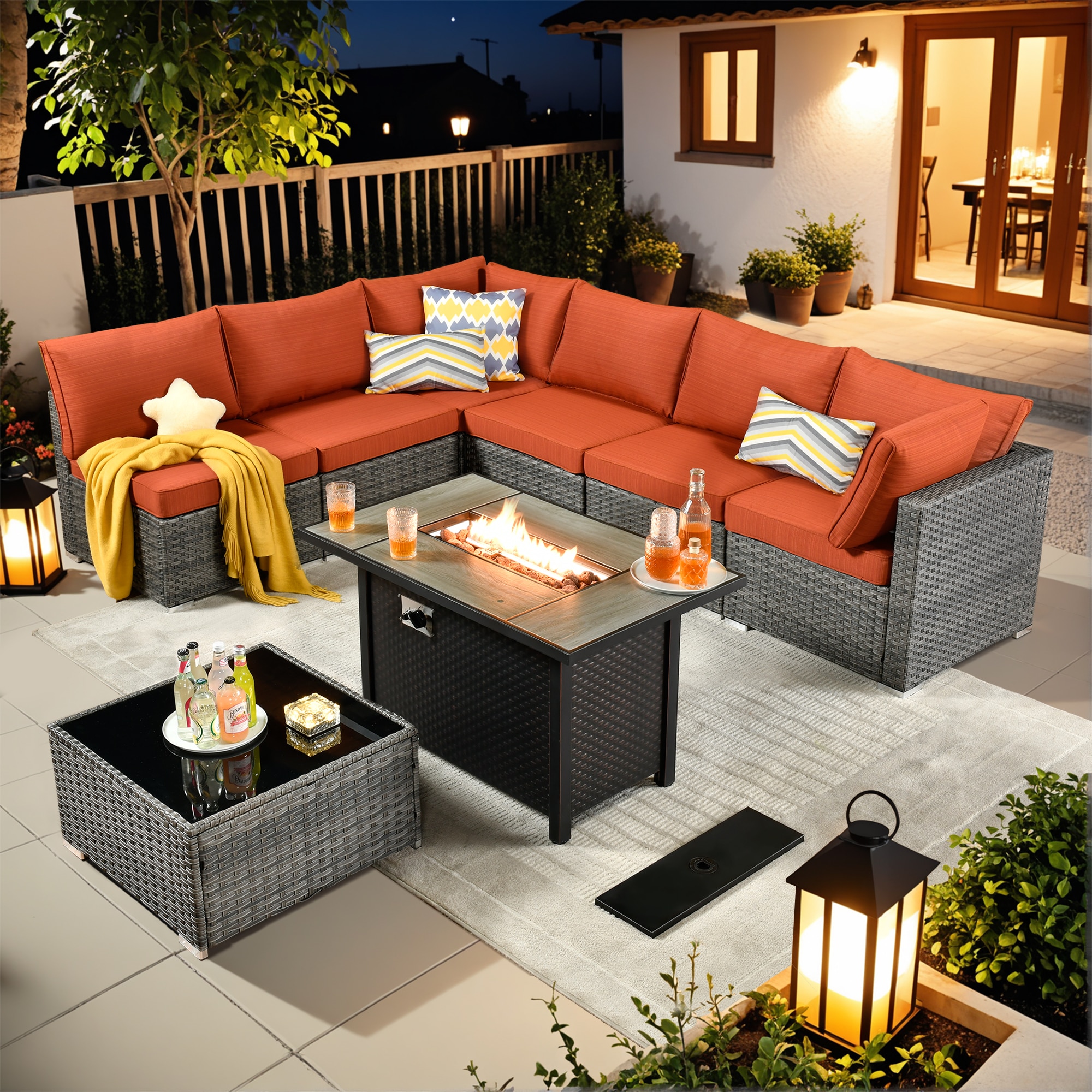 weaxty DCFP03RRS808 Kuuga 8 -Piece Rattan Patio Conversation Set with Orange Cushions