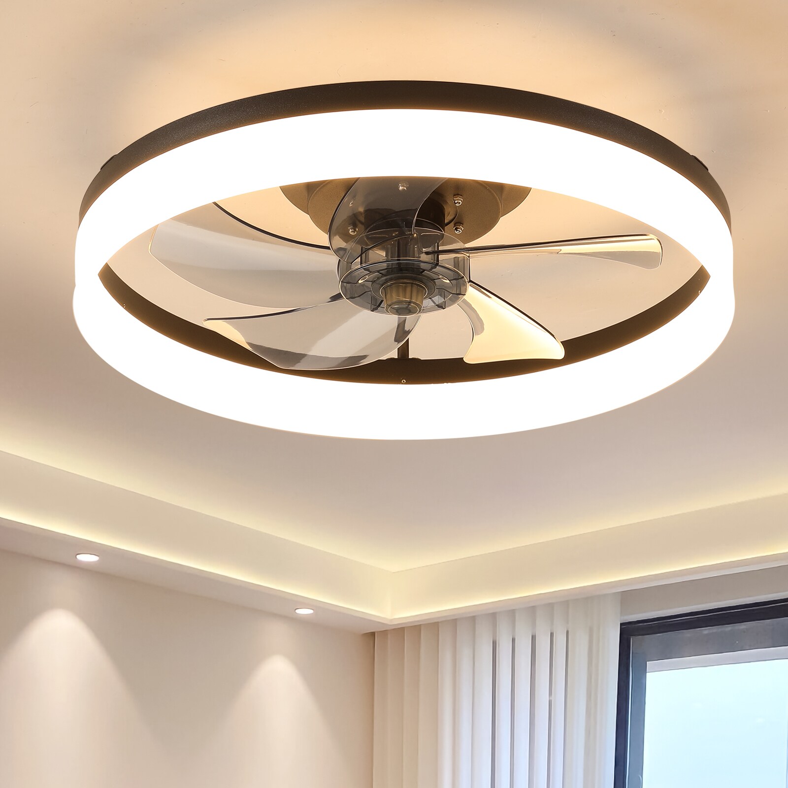 Cuschoice 20-in Black Ceiling Fan with Light Flush Mount LED Fan Dimmable 3000K-6000K 6-Speed Quiet DC Motor with Remote