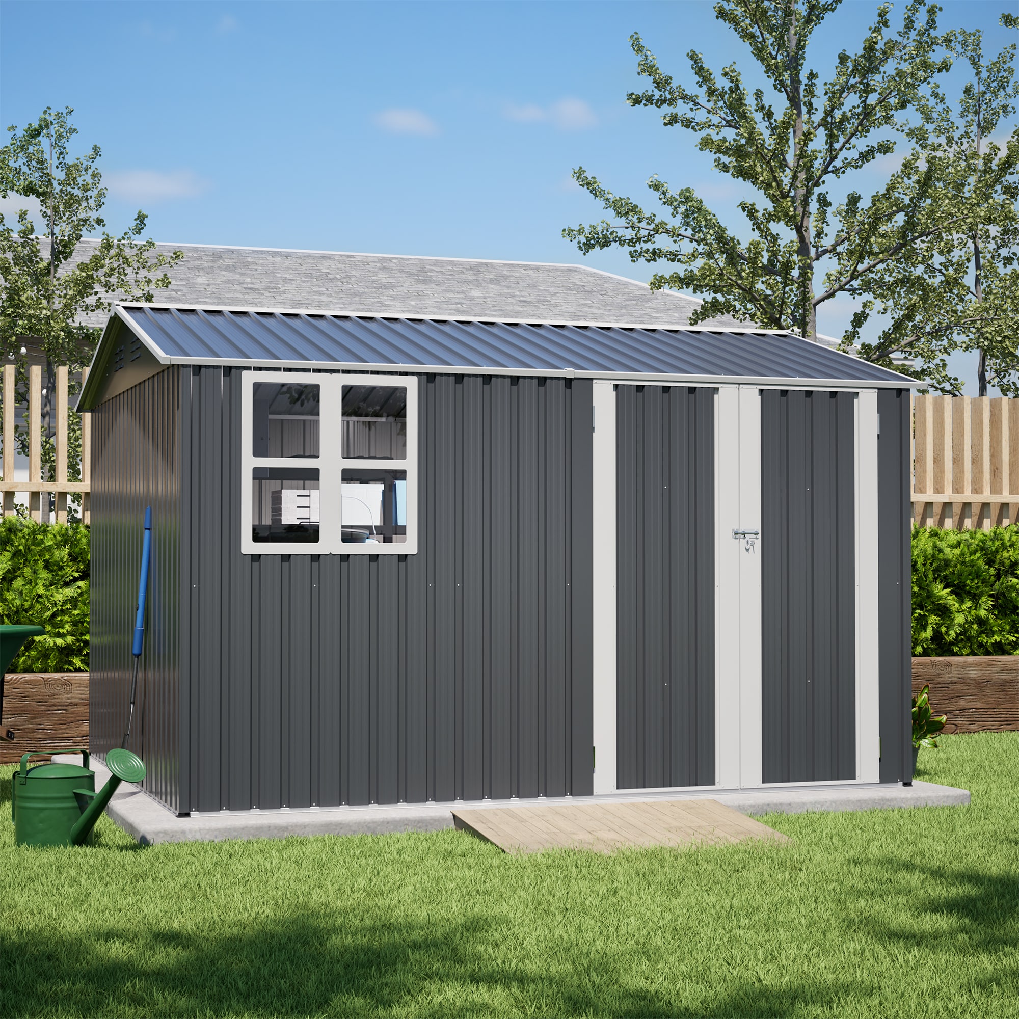 LOVMOR SF-WO-W2505S00087 10X8FT Outdoor Steel Storage Shed Clear Window Lockable Doors Weather Resistant Tool Shed Gray