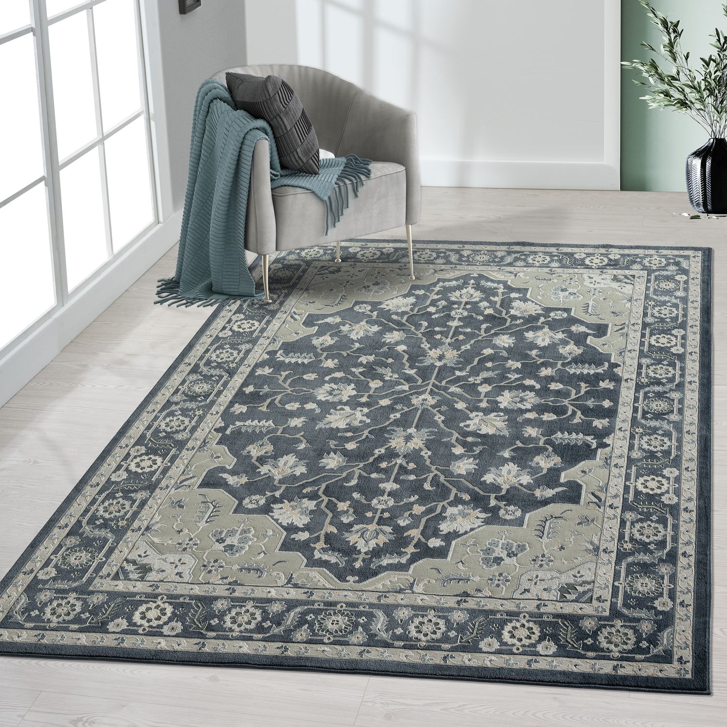 Reversible Gray Synthetic 5' x 7' Kids Area Rug with Floral Design