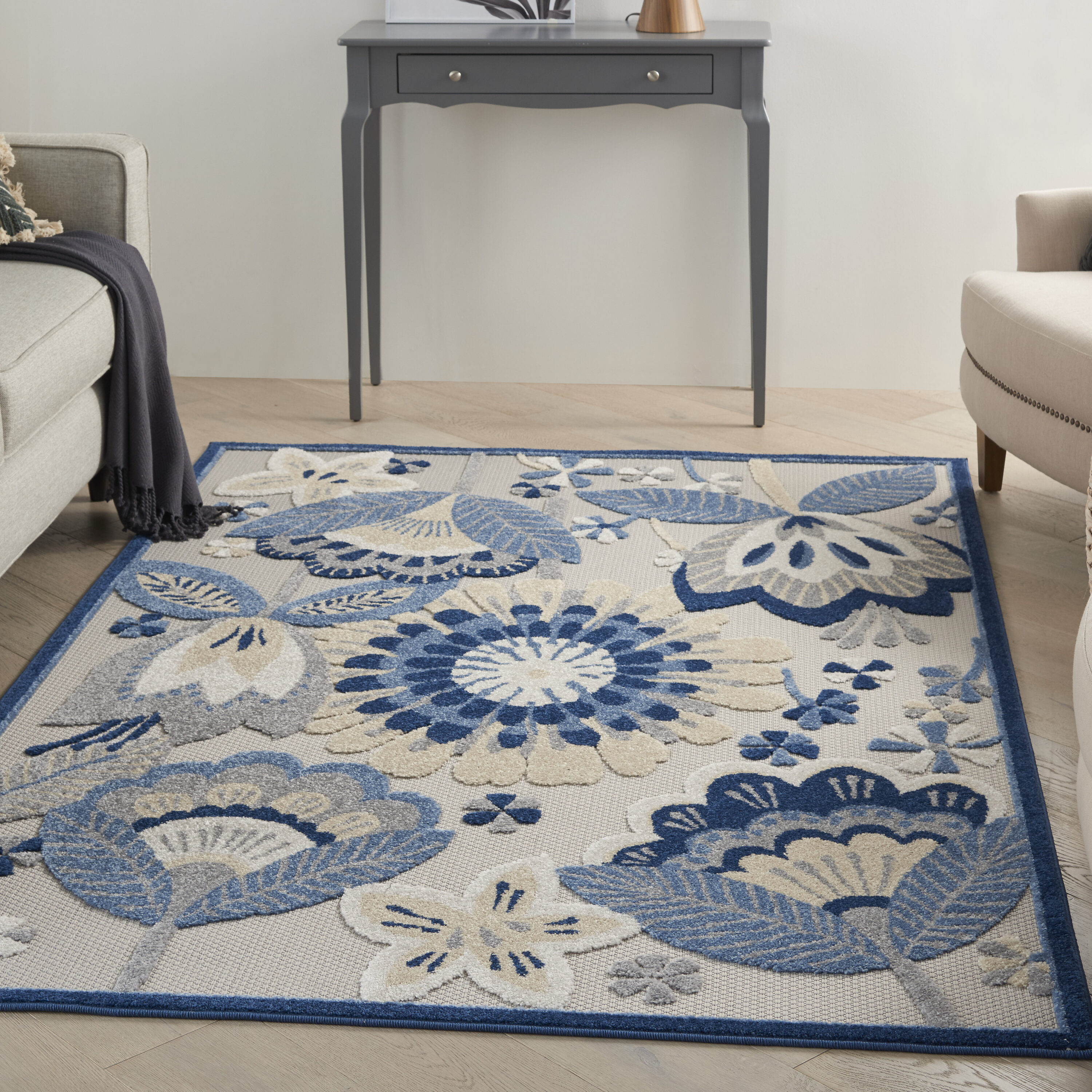 Nourison 99446828866 Aloha 6 x 9 (ft) Loomed Polypropylene Blue/Grey Rectangular Indoor/Outdoor Floral/Botanical Area rug