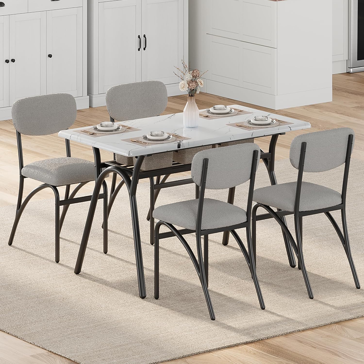 Qeetex LHF-YZ-PHO-335BB9V0 Dining Chairs - Boucle Dining Chairs Set of 4 - Mid-Century Modern Upholstered Kitchen Dining Room Chairs with Arched Metal Legs for Kitchen Living Room - Grey