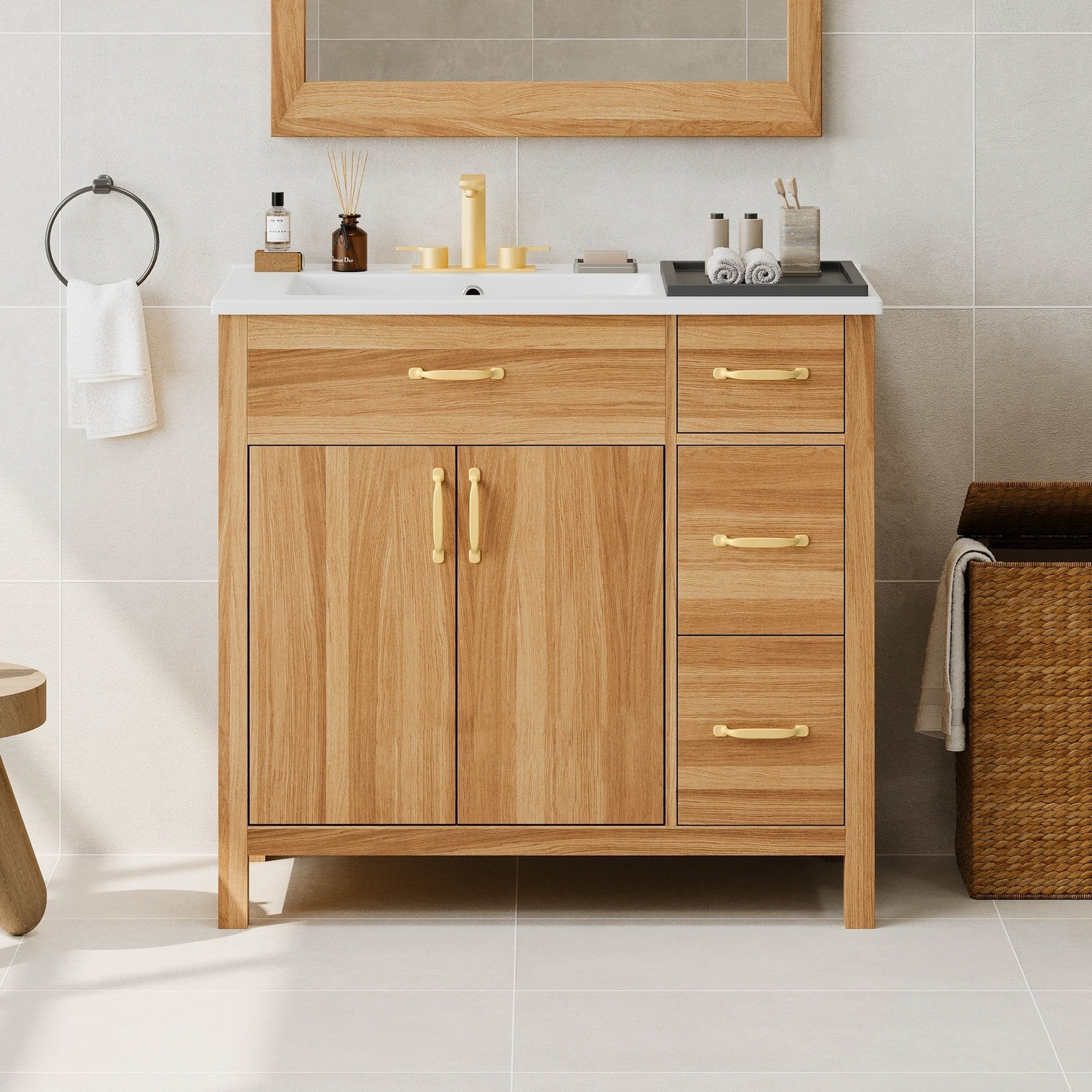 IAK 36 inch Wood Solid Wood Frame Bathroom Vanity with 2 Soft Close Doors and 3 Soft Close Drawers