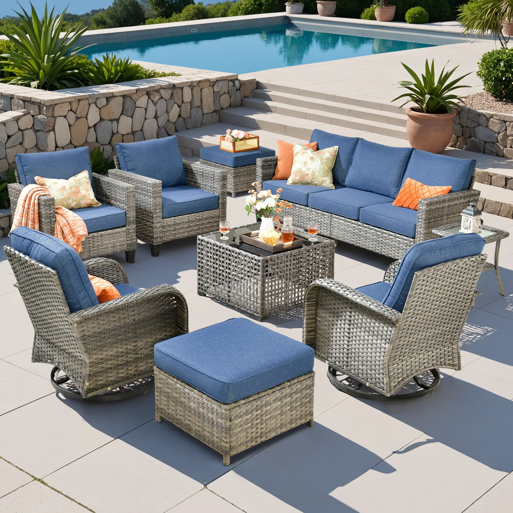 Pouuin SYZGNC309 9 -Piece Wicker Patio Sofa Conversation Set with Blue Cushions