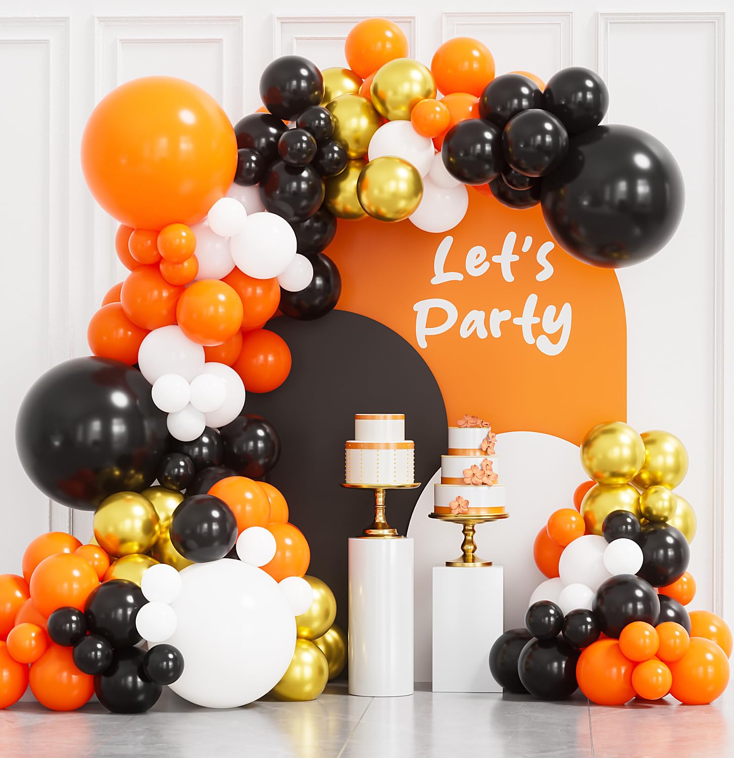 LAIFUCAM  Halloween Balloon Garland Arch Kit 134 Pieces Orange Black White Gold Latex Balloons Assorted Sizes for Party Decor