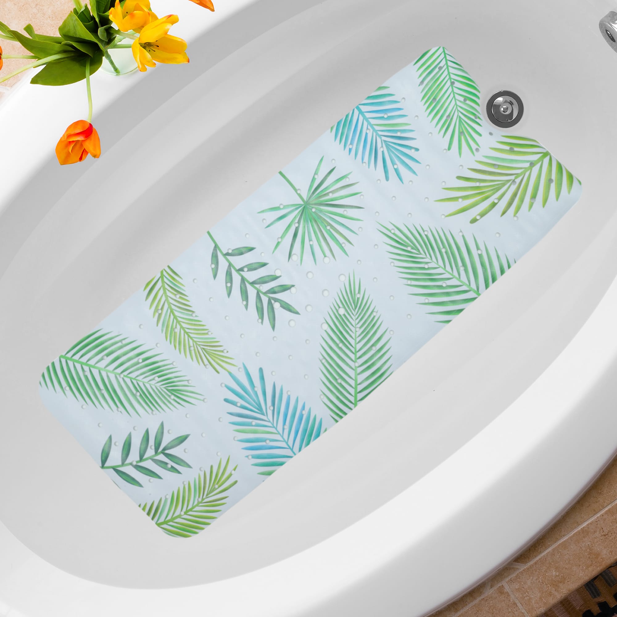 Unique Bargains Bath Mat Leaves Pattern Bathtub Mat Shower Mat Anti Slip Bathtub Mats for Tub with Suction Cups and Drain Holes White Green