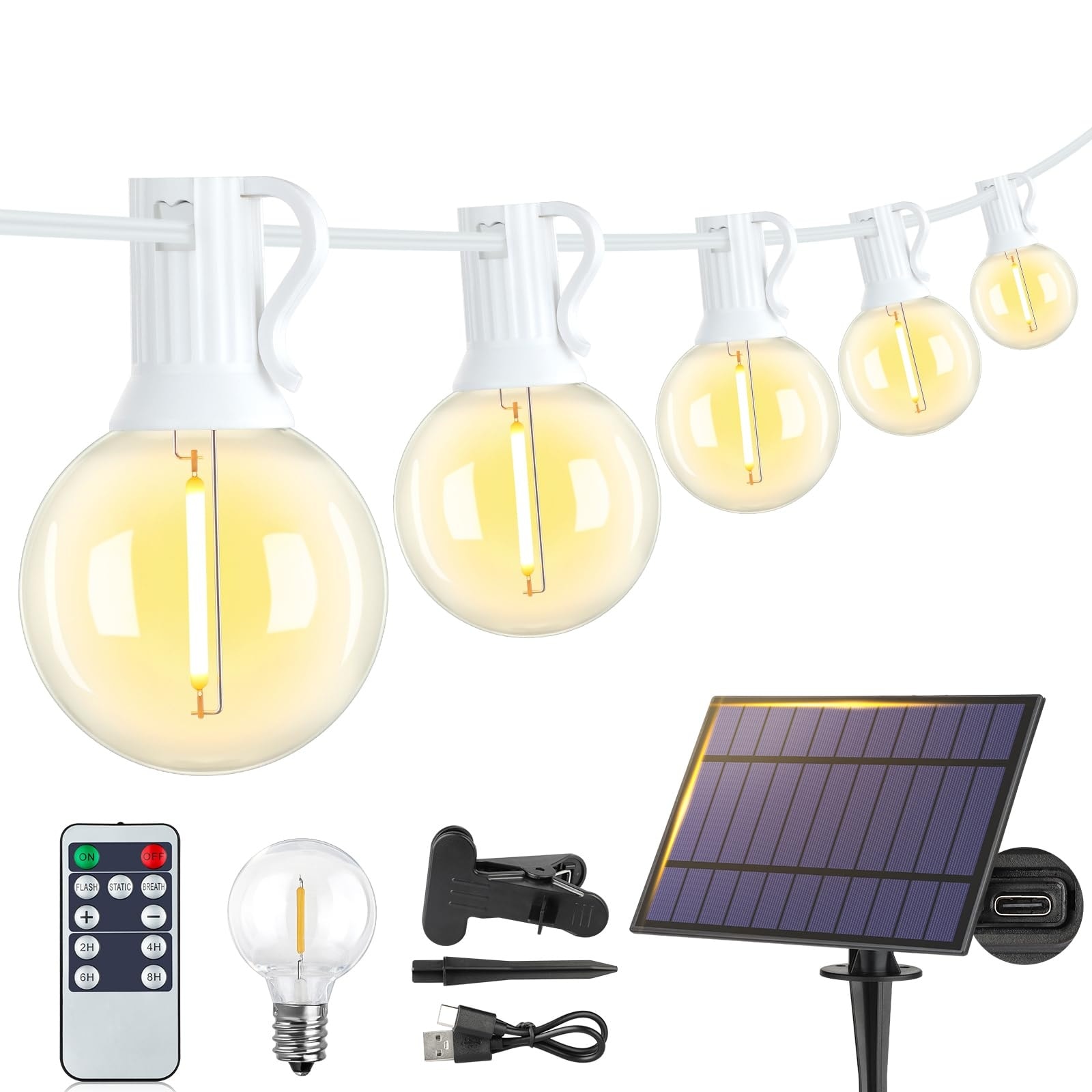 Afoxsos  25FT Solar String Lights Outdoor with Remote Waterproof Dimmable 3 Modes 11 LED Shatterproof G40 Bulbs White Cord for Patio Garden
