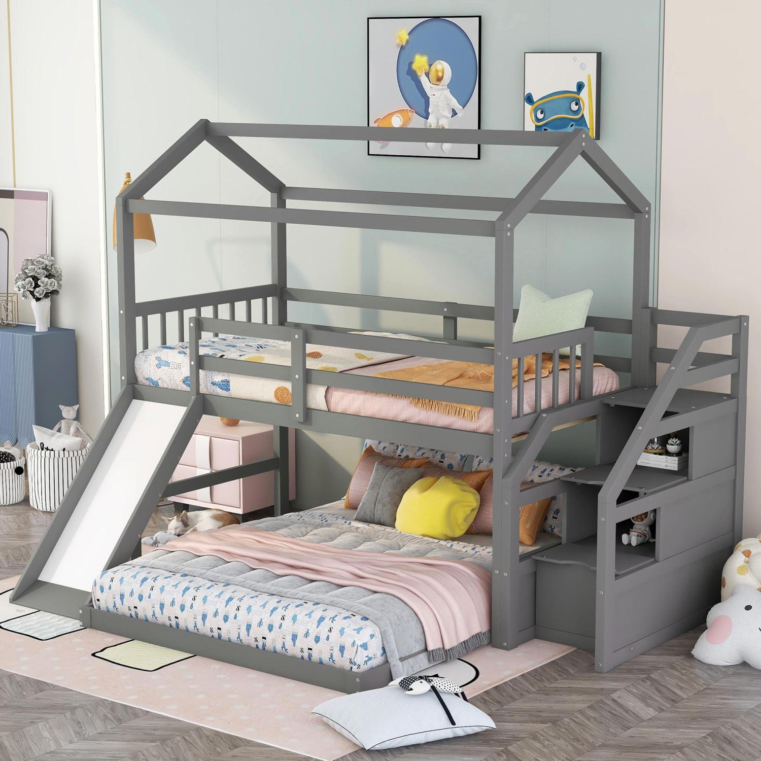 JASMODER GX000308AAE Gray Full Composite Platform Bed with Storage