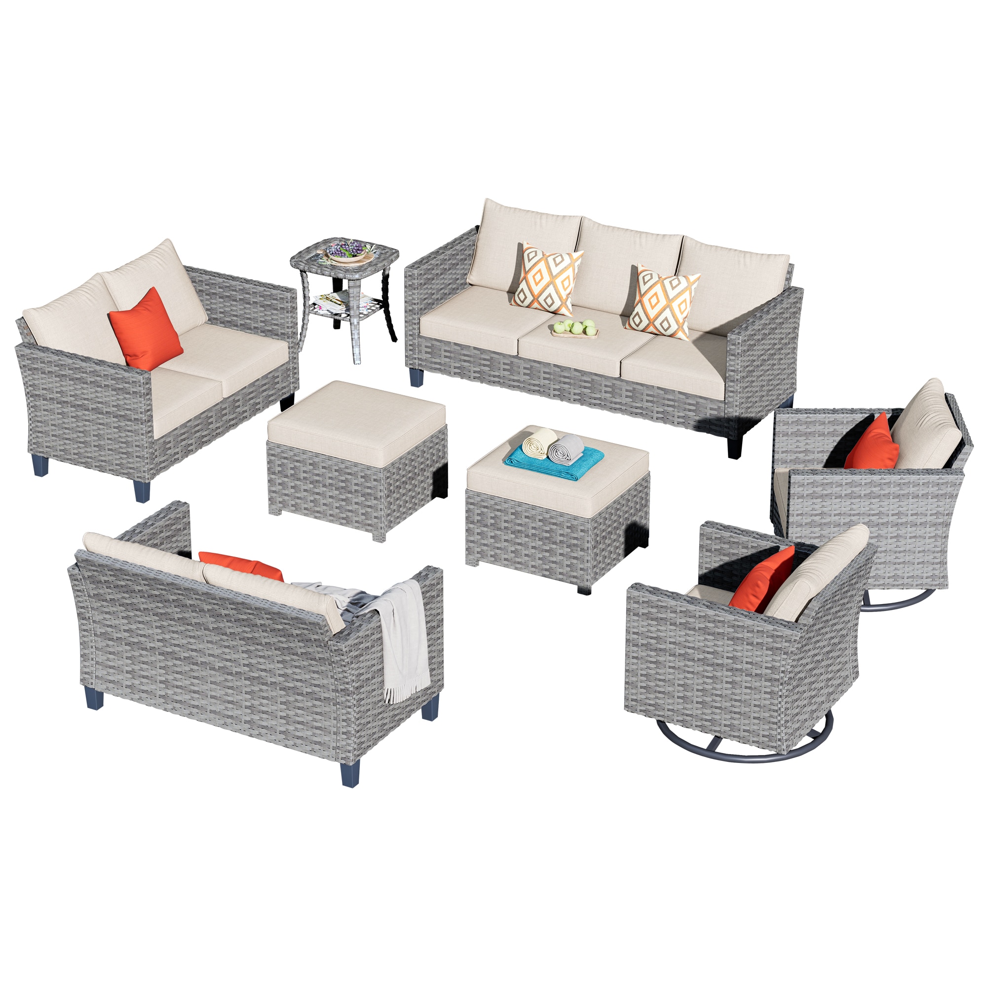 Pouuin SGRS1009 7 -Piece Wicker Patio Sofa Conversation Set with Black Cushions
