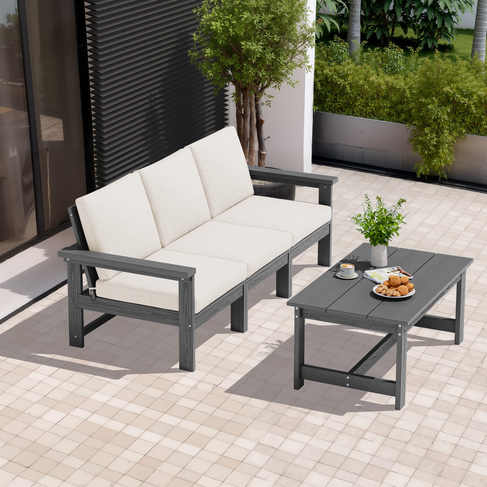 VOUA ZHSF04-GK HDPE Patio 3-Seater Sofa Set with Coffee Table 2 -Piece Patio Sofa Conversation Set with Beige Cushions