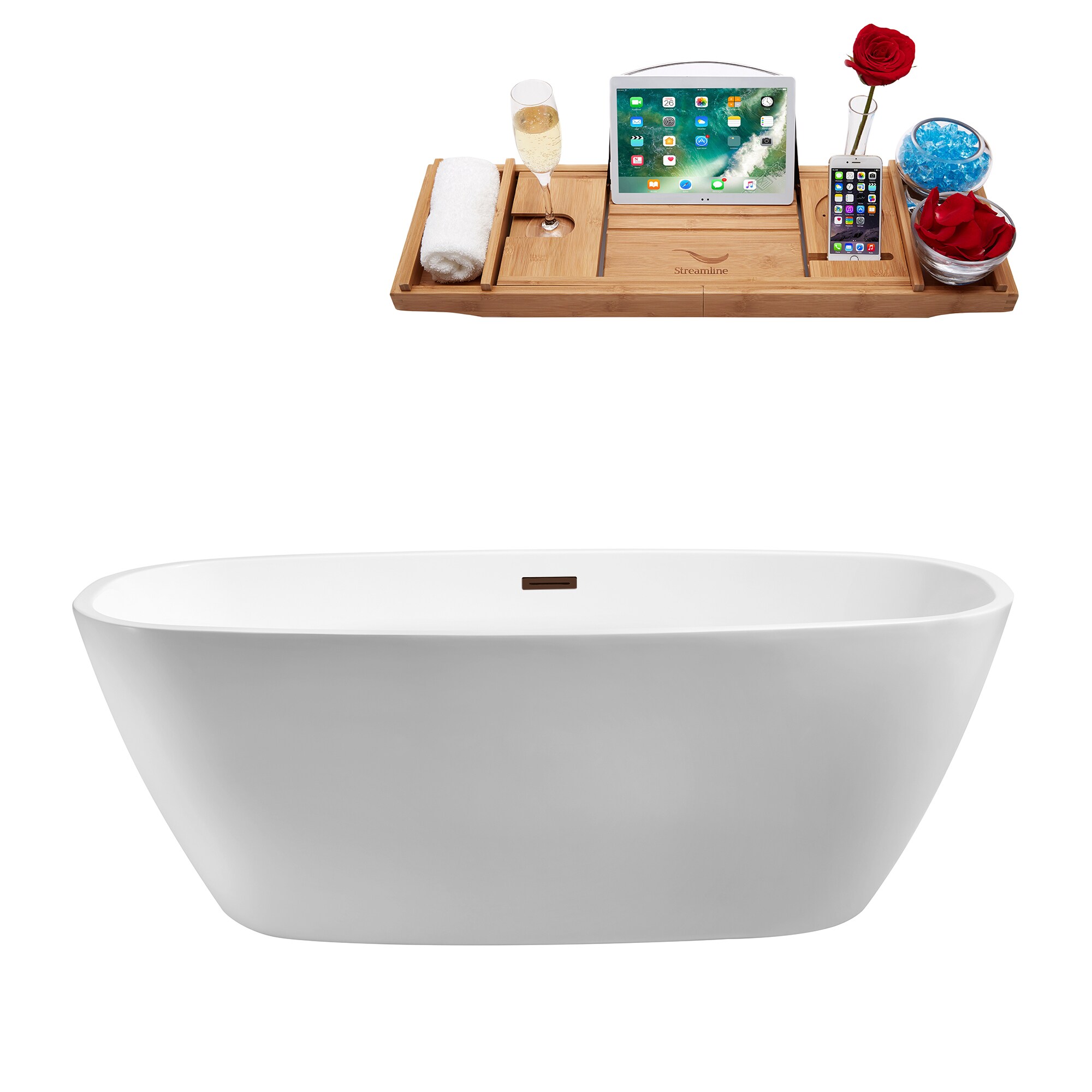Streamline N701ORB 30.7-in x 66.9-in Glossy White Acrylic Oval Freestanding Soaking bathtub with Drain ( Center Drain )