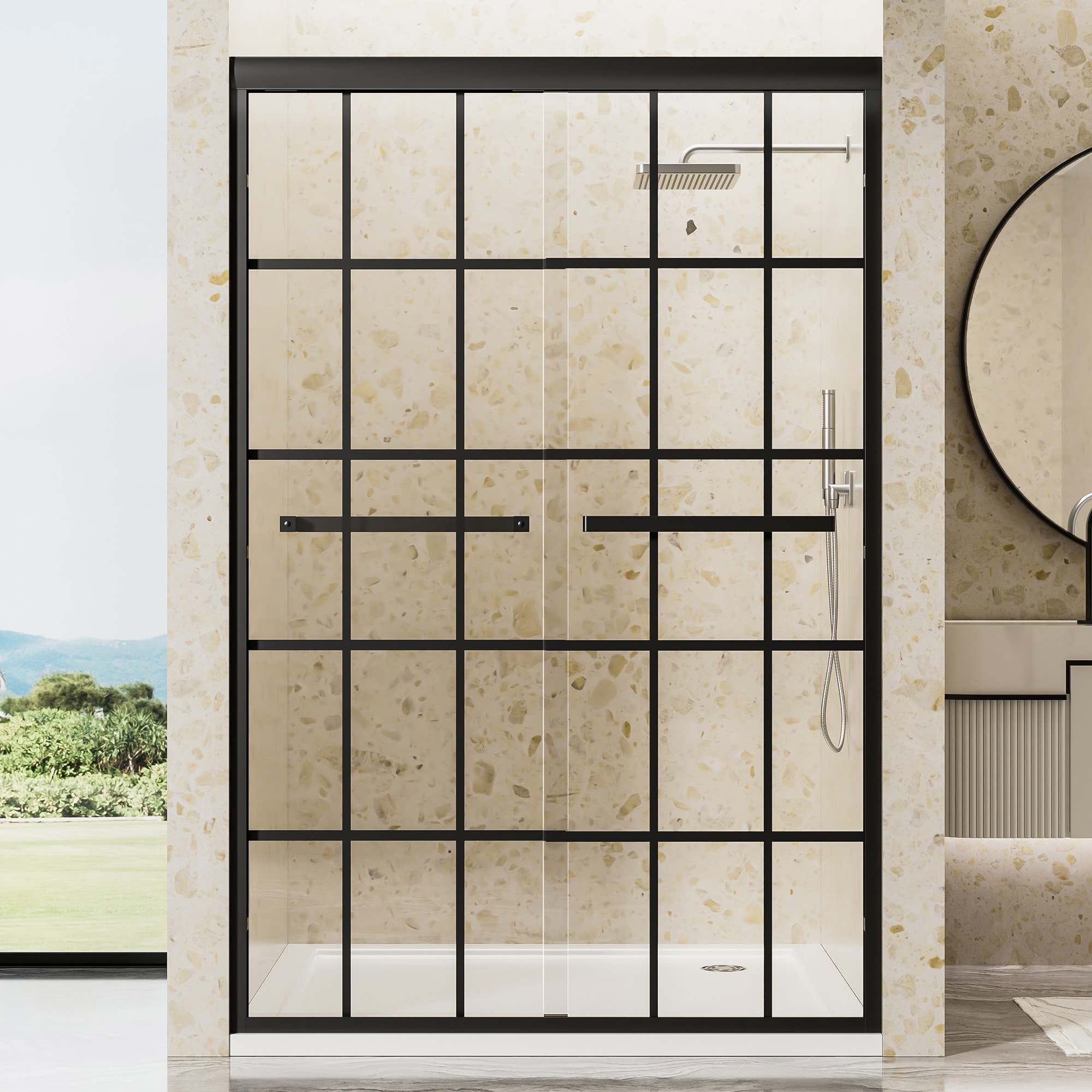 LOVMOR  44-48 in W x 72 in H Matte Black Aluminum Frame Double Sliding Shower Door 1/4 in (6mm) Clear Tempered Glass With Black