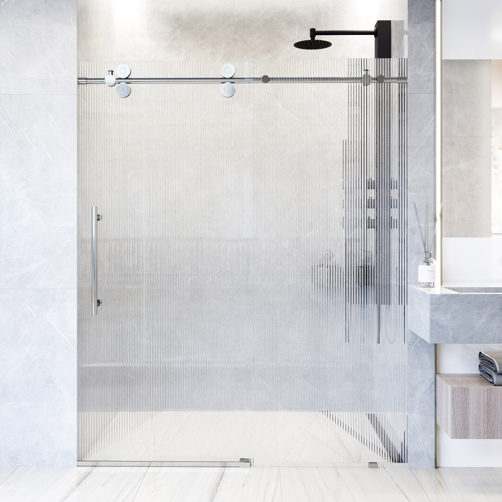 VIGO VG6041CHFL6074L Elan Chrome 56-in to 60-in W x 74-in H Frameless Sliding Shower door 3/8-in Thick Frosted/Patterned Glass