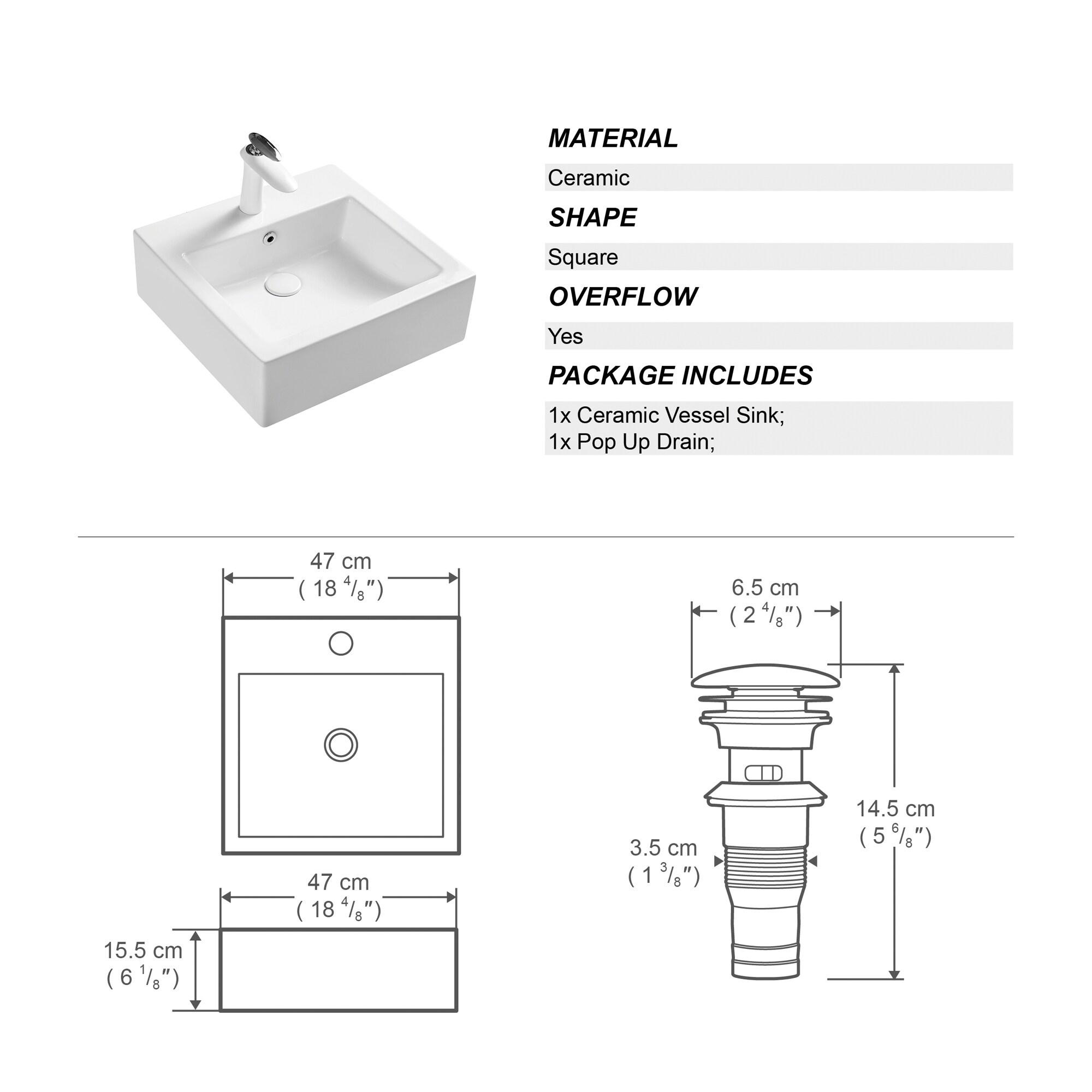 Clihome White Ceramic Vessel Square Modern Bathroom Sink With Faucet 