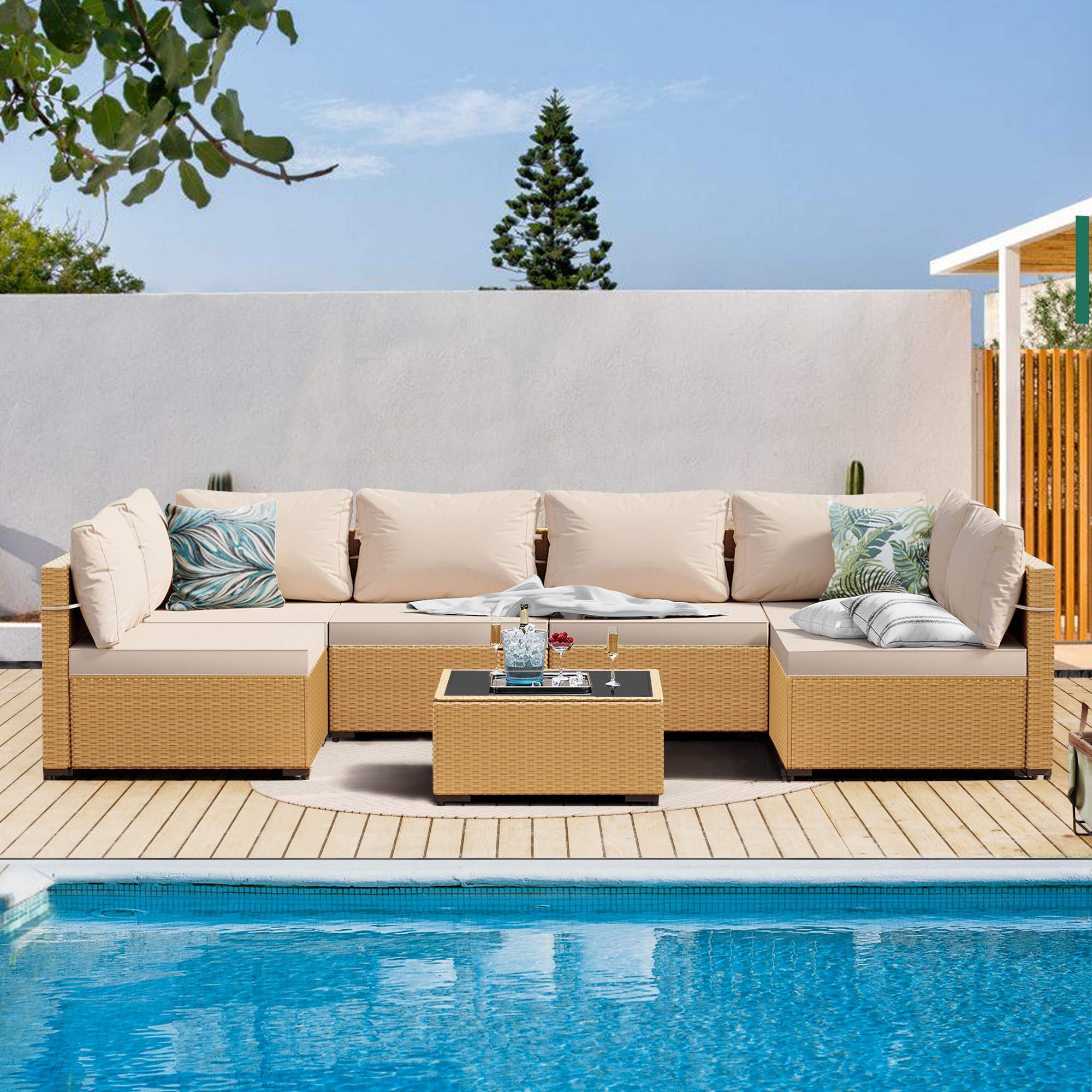 Patio Watcher RT-OD7-Y1-3 7 -Piece Rattan Patio Sofa Conversation Set with Off-white Cushions