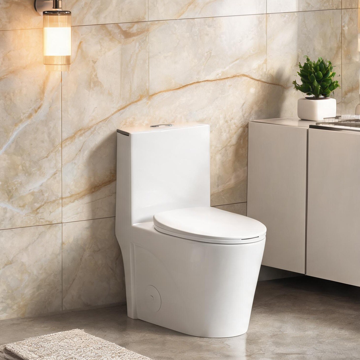 SunJet - Clean White One-Piece Elongated Dual Flush Toilet with Soft-Close Seat ADA Height